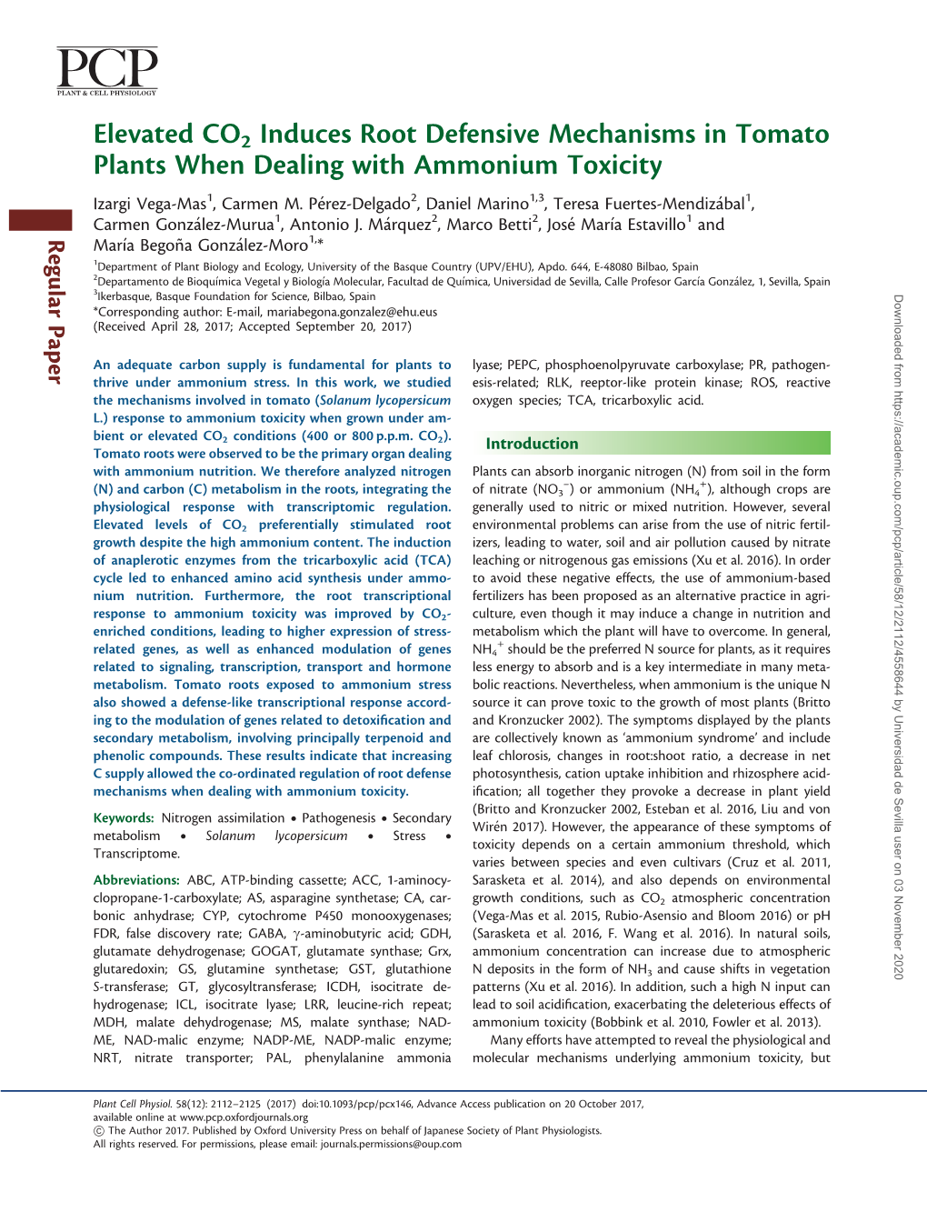 Elevated CO2 Induces Root Defensive Mechanisms in Tomato Plants When Dealing with Ammonium Toxicity Izargi Vega-Mas1, Carmen M