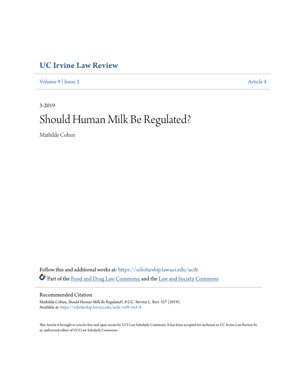 Should Human Milk Be Regulated? Mathilde Cohen