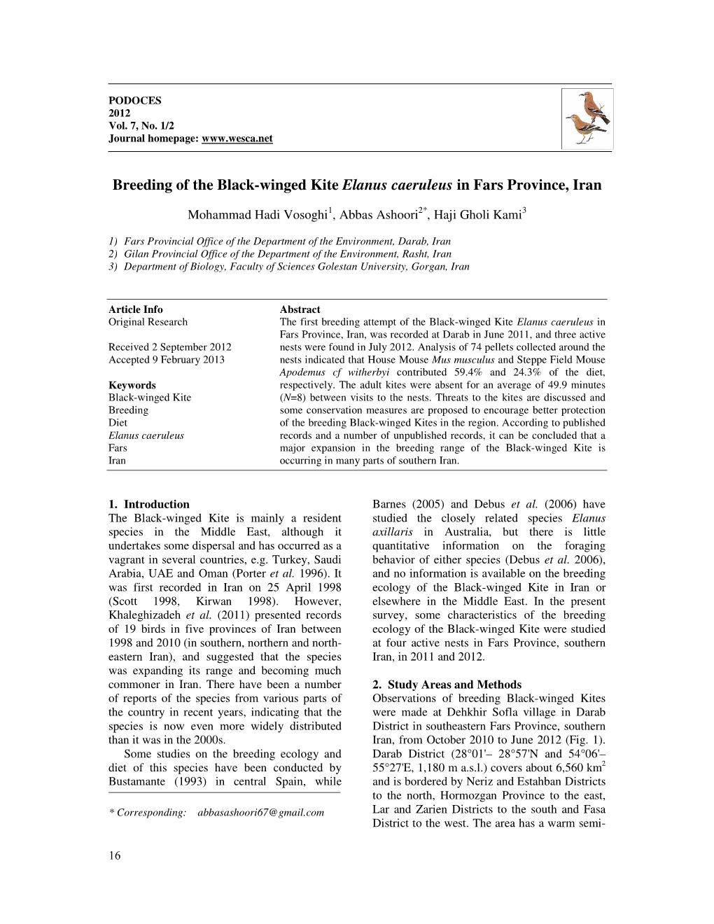 Breeding of the Black-Winged Kite Elanus Caeruleus in Fars Province, Iran