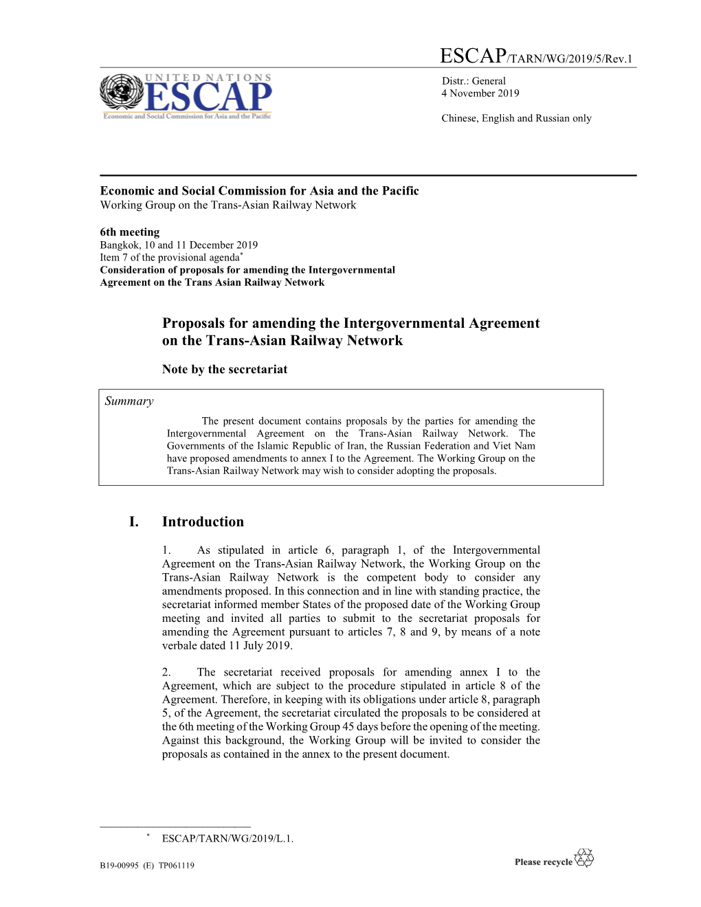 Proposals for Amending the Intergovernmental Agreement on the Trans Asian Railway Network