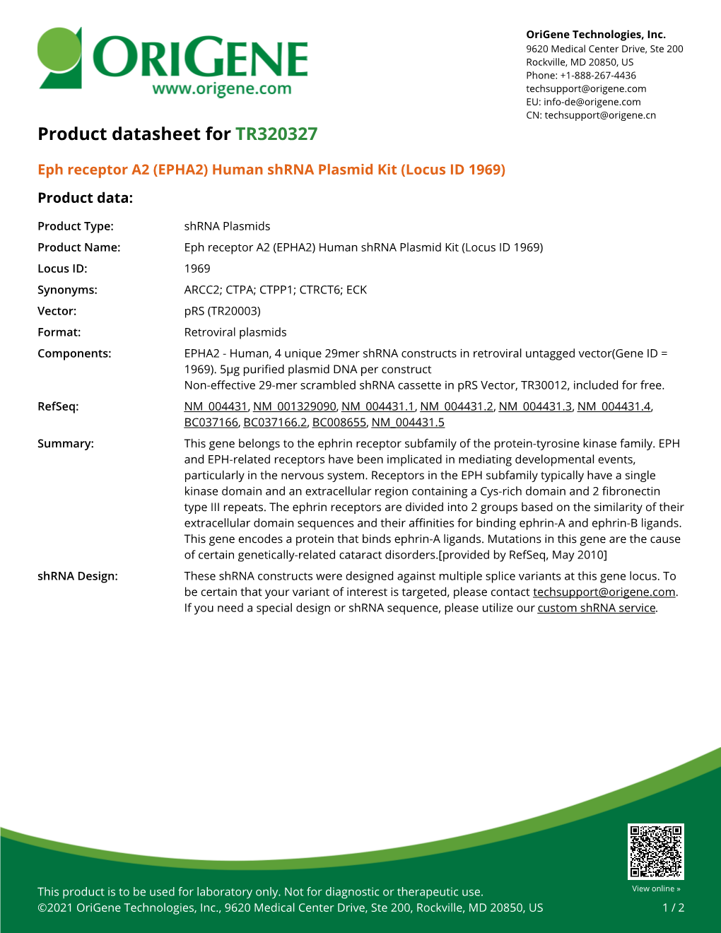 Eph Receptor A2 (EPHA2) Human Shrna Plasmid Kit (Locus ID 1969) Product Data