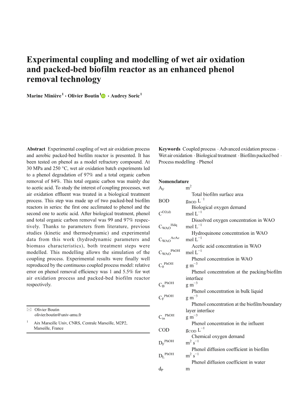 Experimental Coupling and Modelling of Wet Air Oxidation and Packed-Bed Biofilm Reactor As an Enhanced Phenol Removal Technology