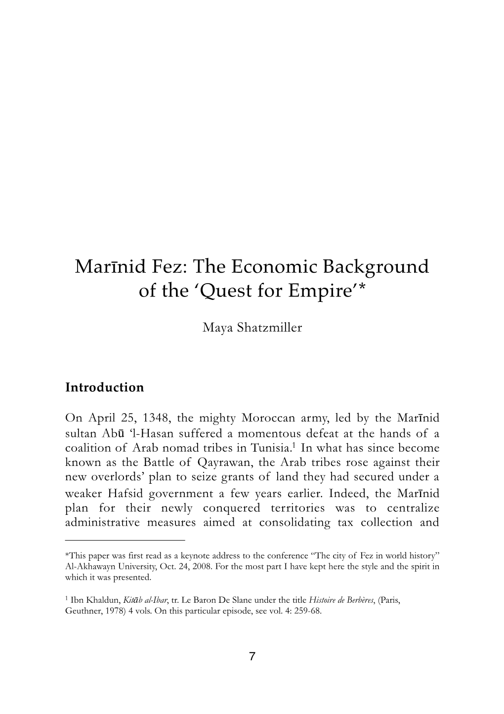 Marīnid Fez: the Economic Background of the 'Quest for Empire'*