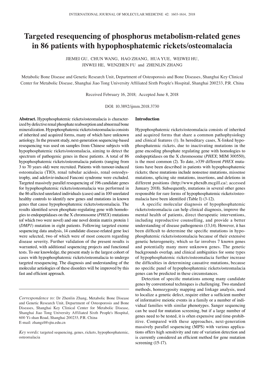 Targeted Resequencing of Phosphorus Metabolism‑Related Genes in 86 Patients with Hypophosphatemic Rickets/Osteomalacia