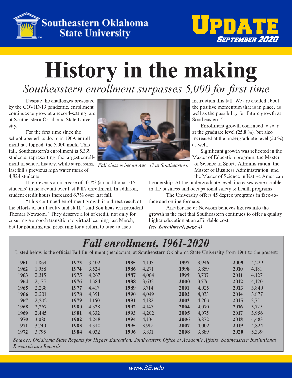 History in the Making Southeastern Enrollment Surpasses 5,000 for First Time Despite the Challenges Presented Instruction This Fall