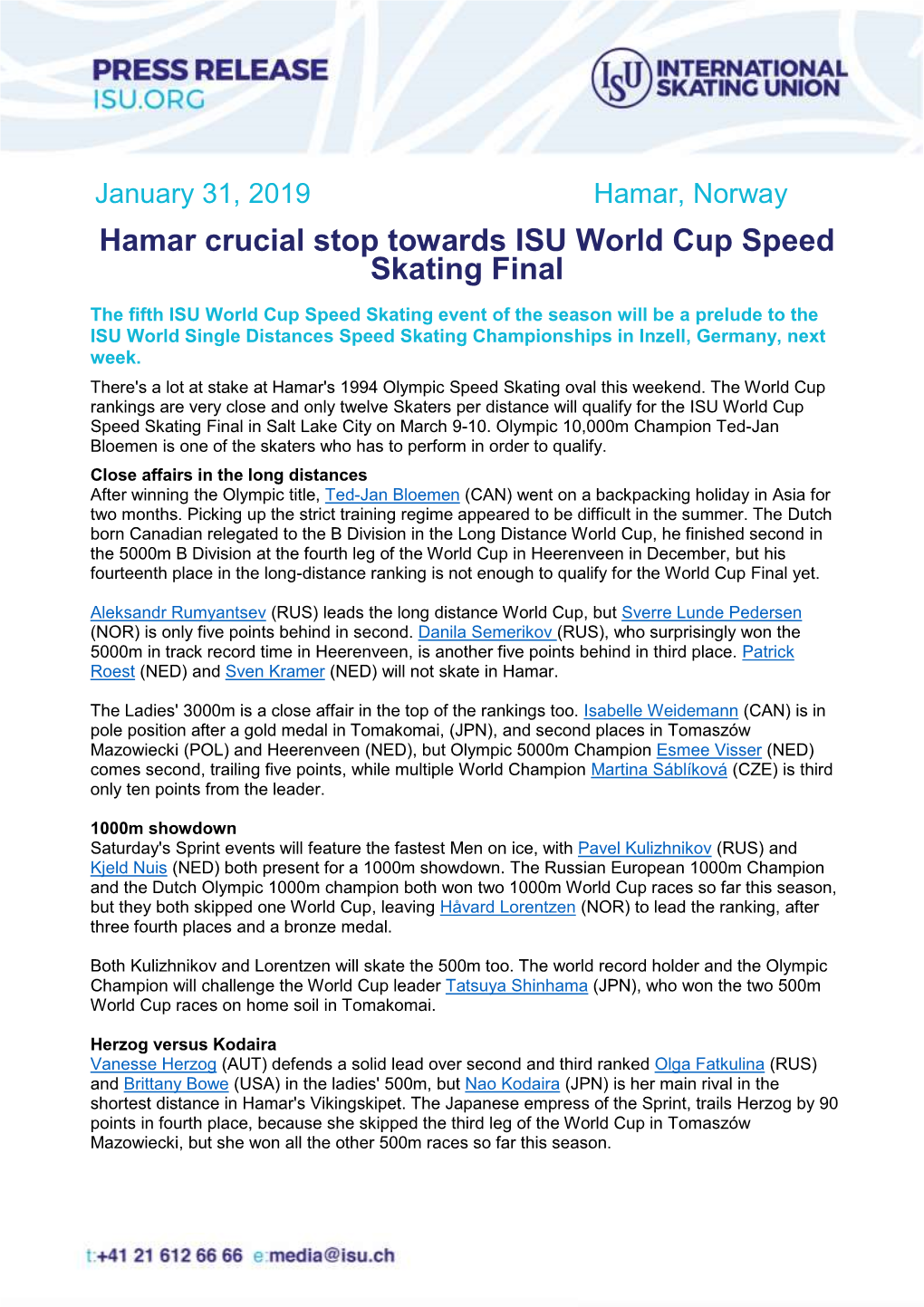 Hamar Crucial Stop Towards ISU World Cup Speed Skating Final