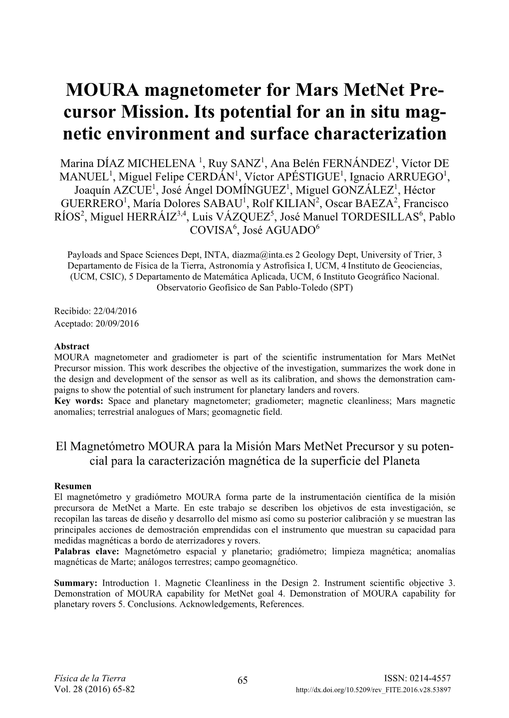 MOURA Magnetometer for Mars Metnet Precursor Mission. Its Potential for an in Situ Magnetic Environment and Surface Characteri- Zation