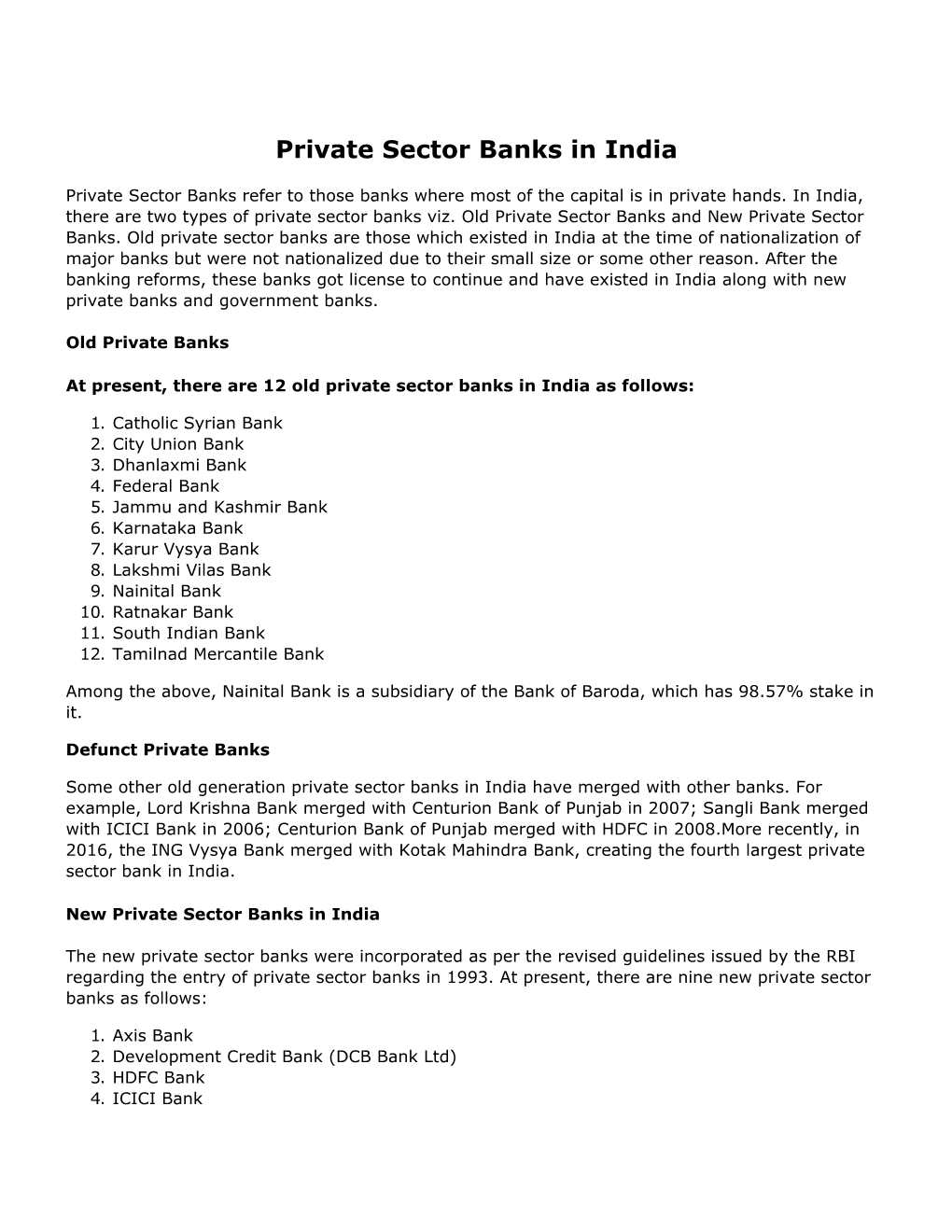 Private Sector Banks in India