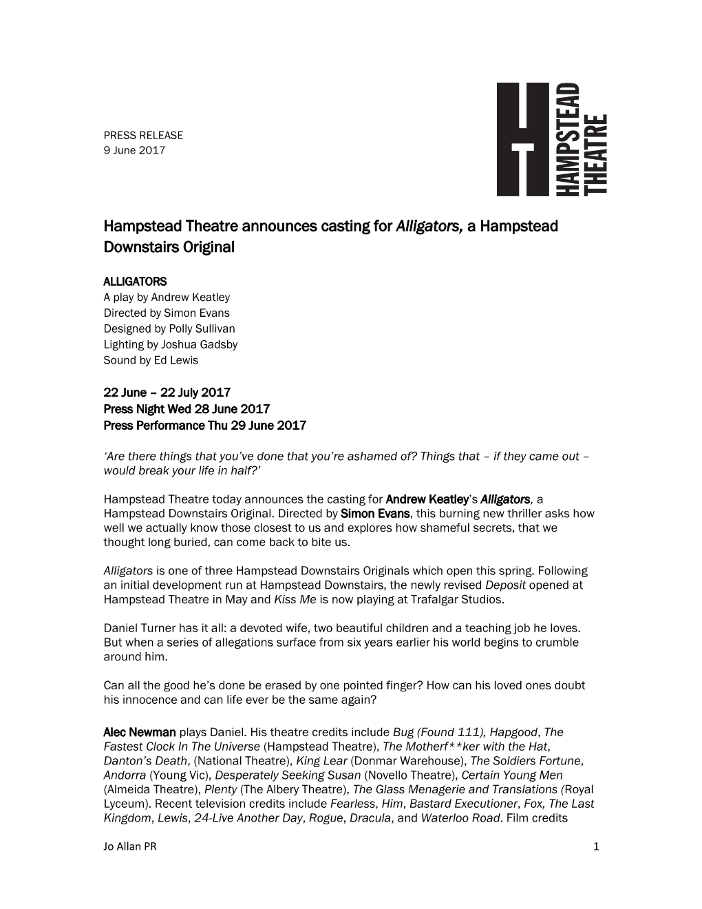 Hampstead Theatre Announces Casting for Alligators, a Hampstead Downstairs Original