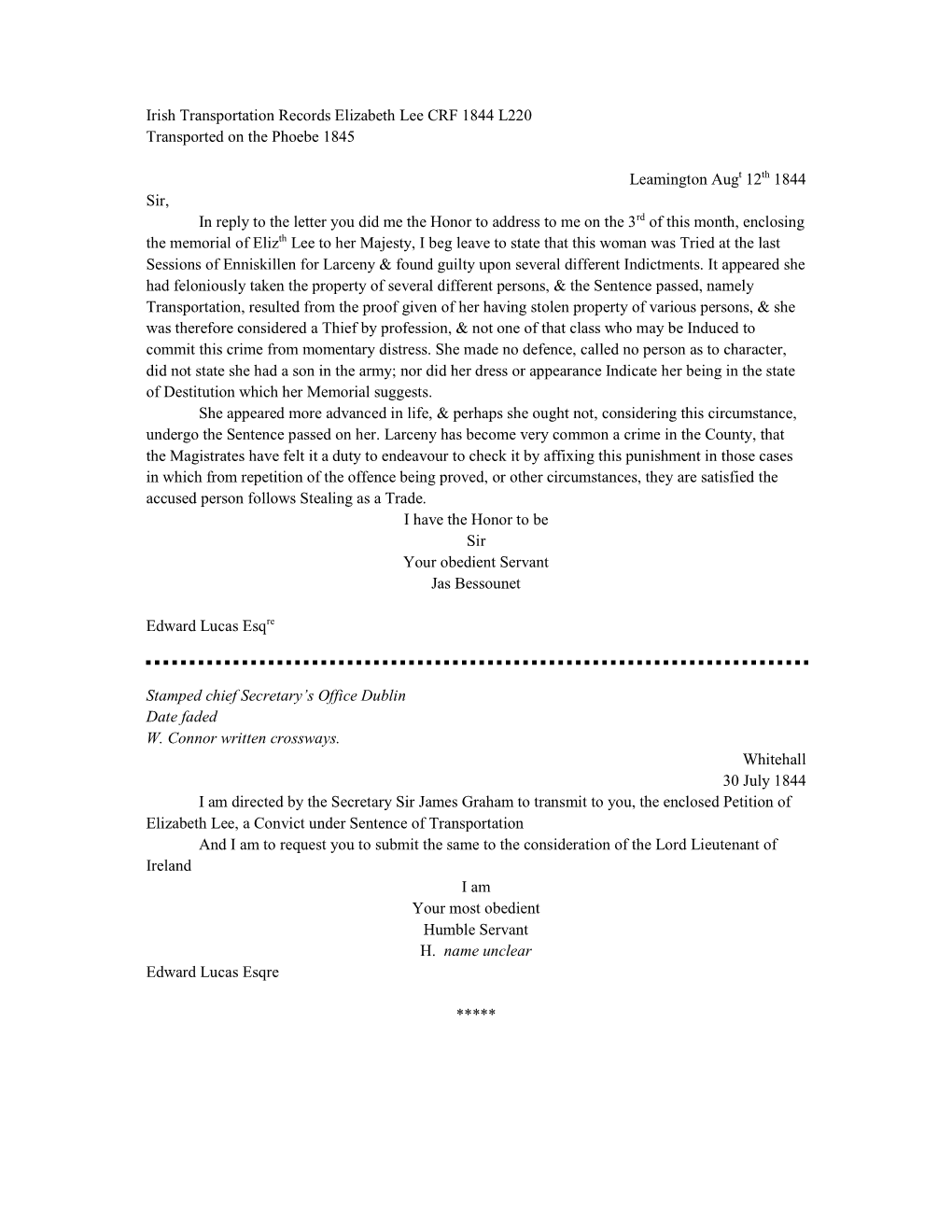 Irish Transportation Records Elizabeth Lee CRF 1844 L220 Transported on the Phoebe 1845 Leamington Augt 12Th 1844 Sir, in Reply