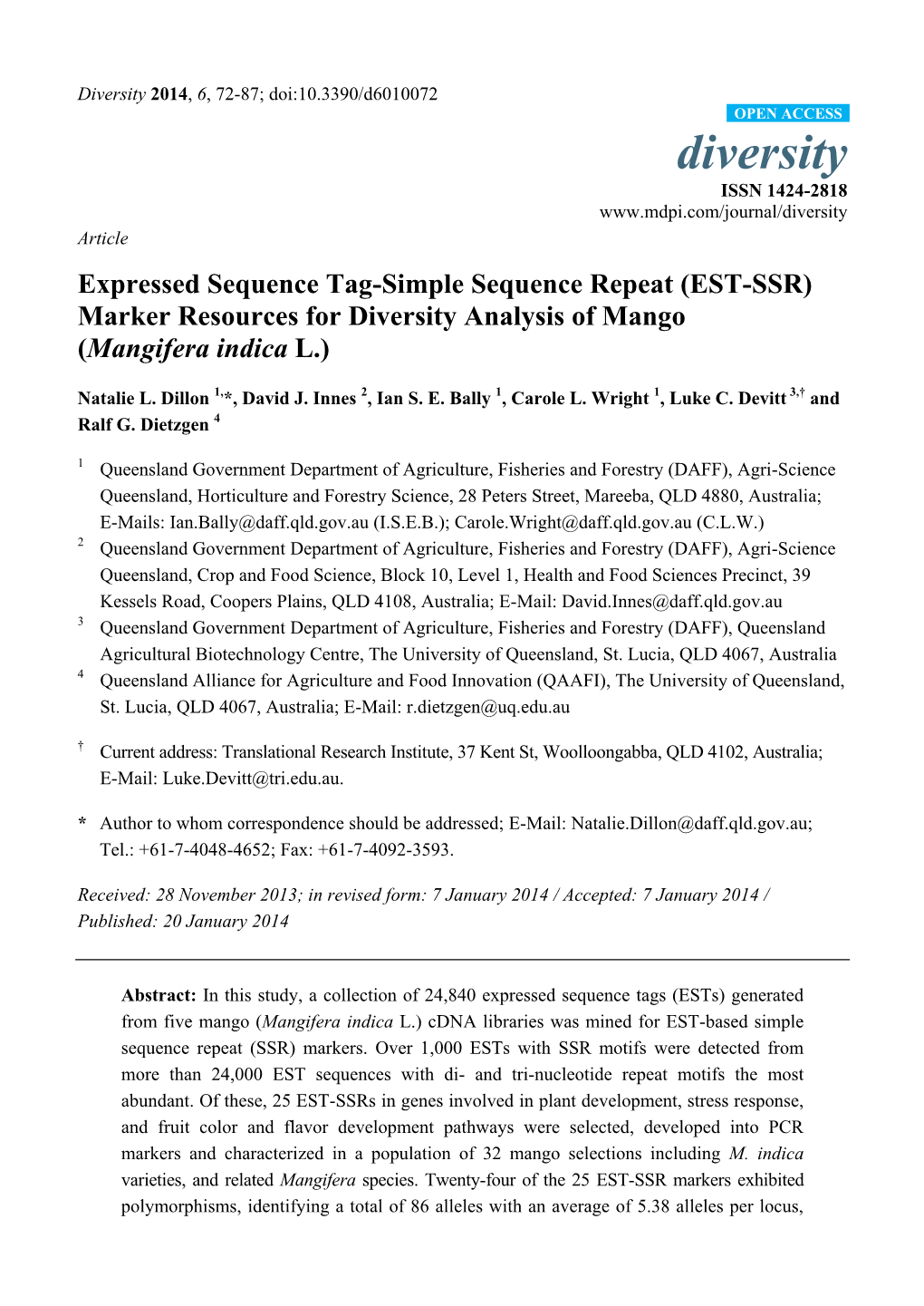 Expressed Sequence Tag-Simple Sequence Repeat (EST-SSR) Marker Resources for Diversity Analysis of Mango (Mangifera Indica L.)