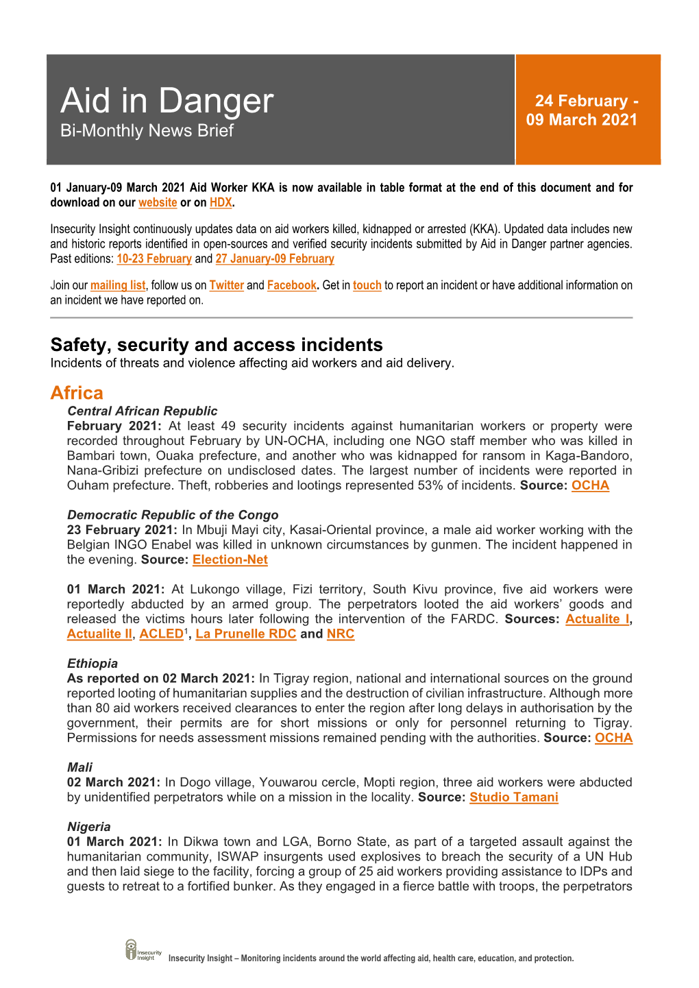 The Aid in Danger Bi-Monthly News Brief