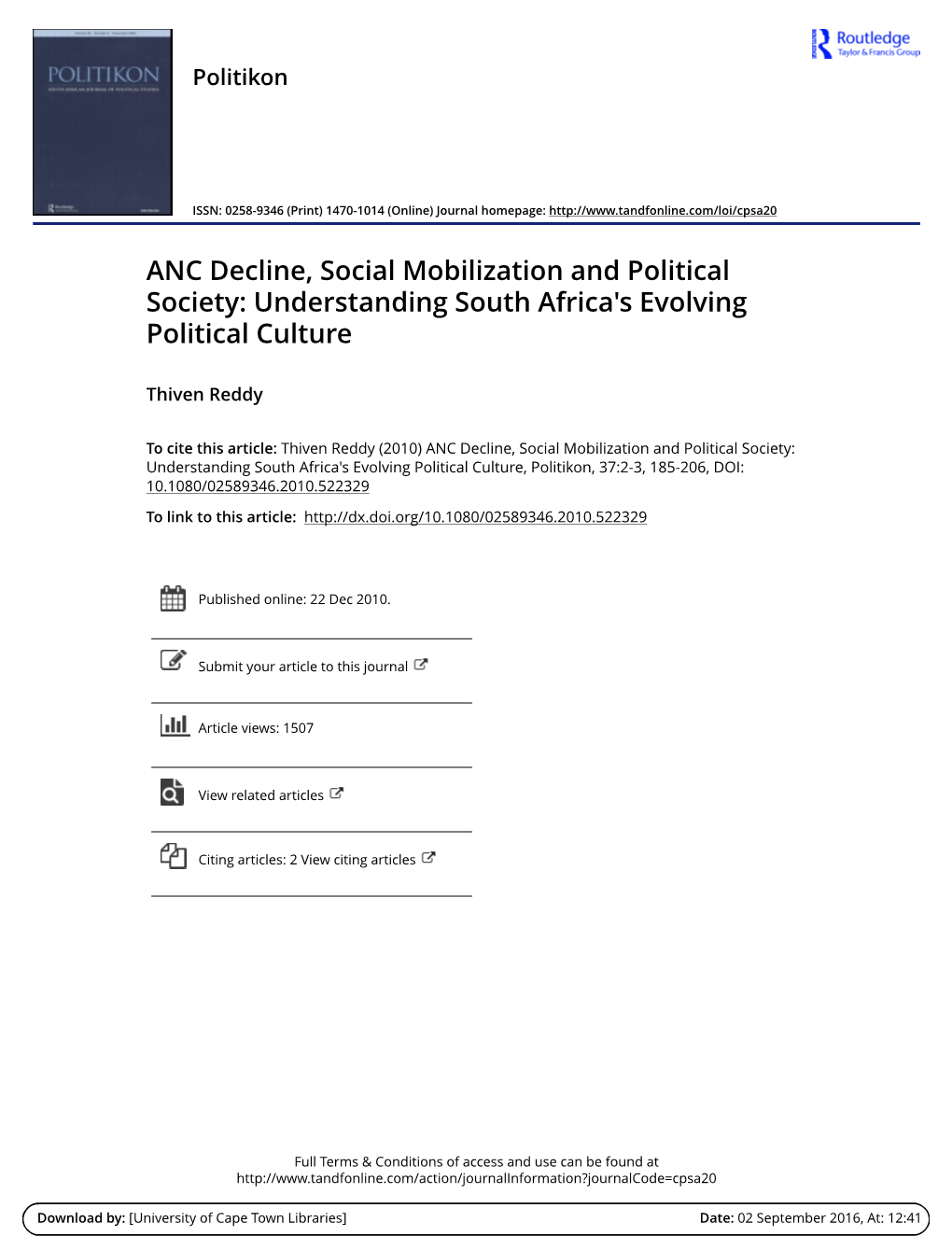 ANC Decline, Social Mobilization and Political Society: Understanding South Africa's Evolving Political Culture