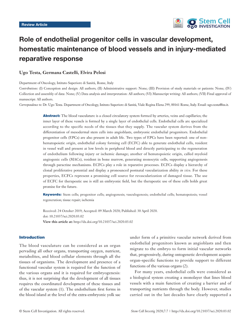 Role of Endothelial Progenitor Cells in Vascular Development, Homestatic Maintenance of Blood Vessels and in Injury-Mediated Reparative Response