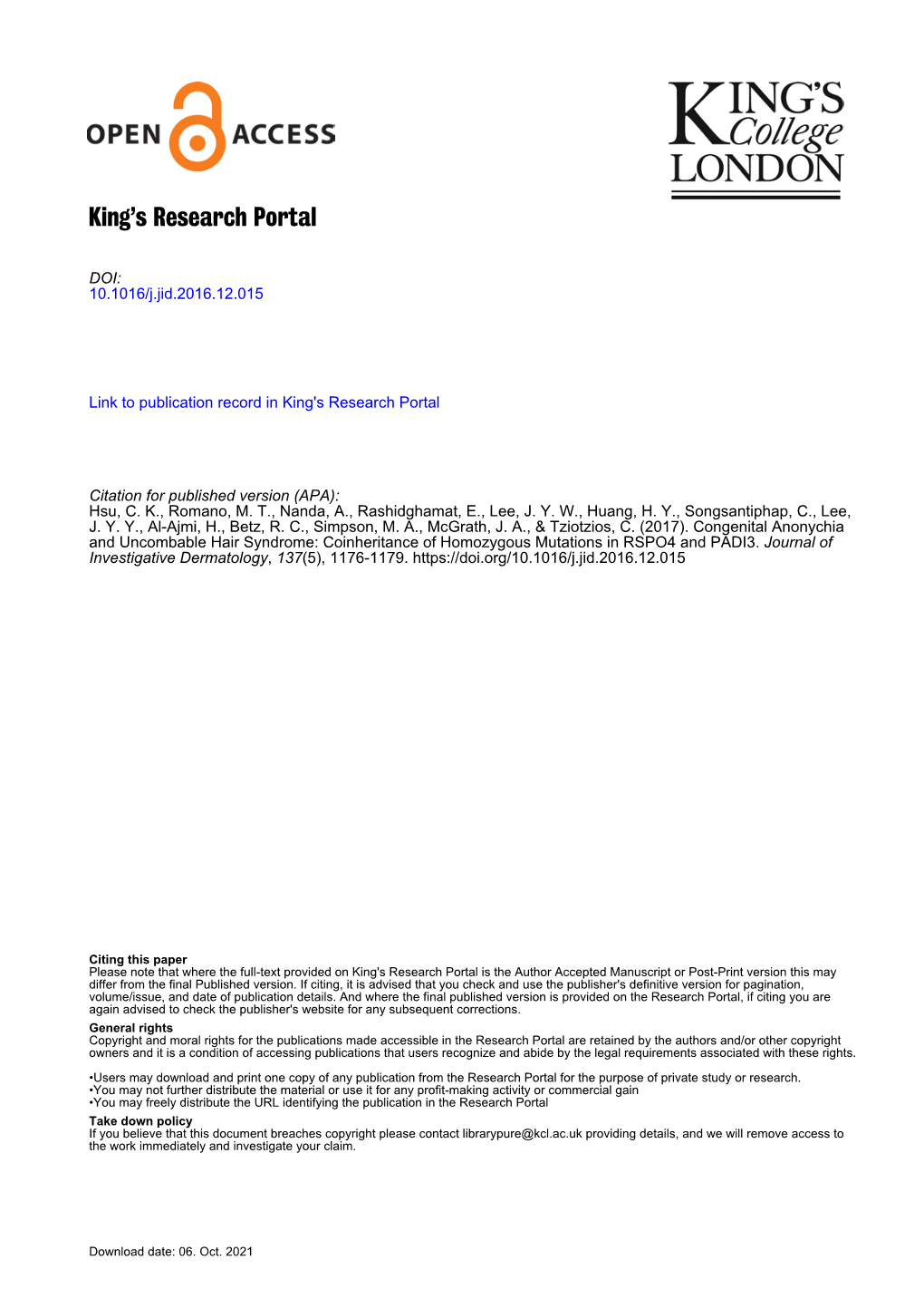 Congenital Anonychia and Uncombable Hair Syndrome: Coinheritance of Homozygous Mutations in RSPO4 and PADI3