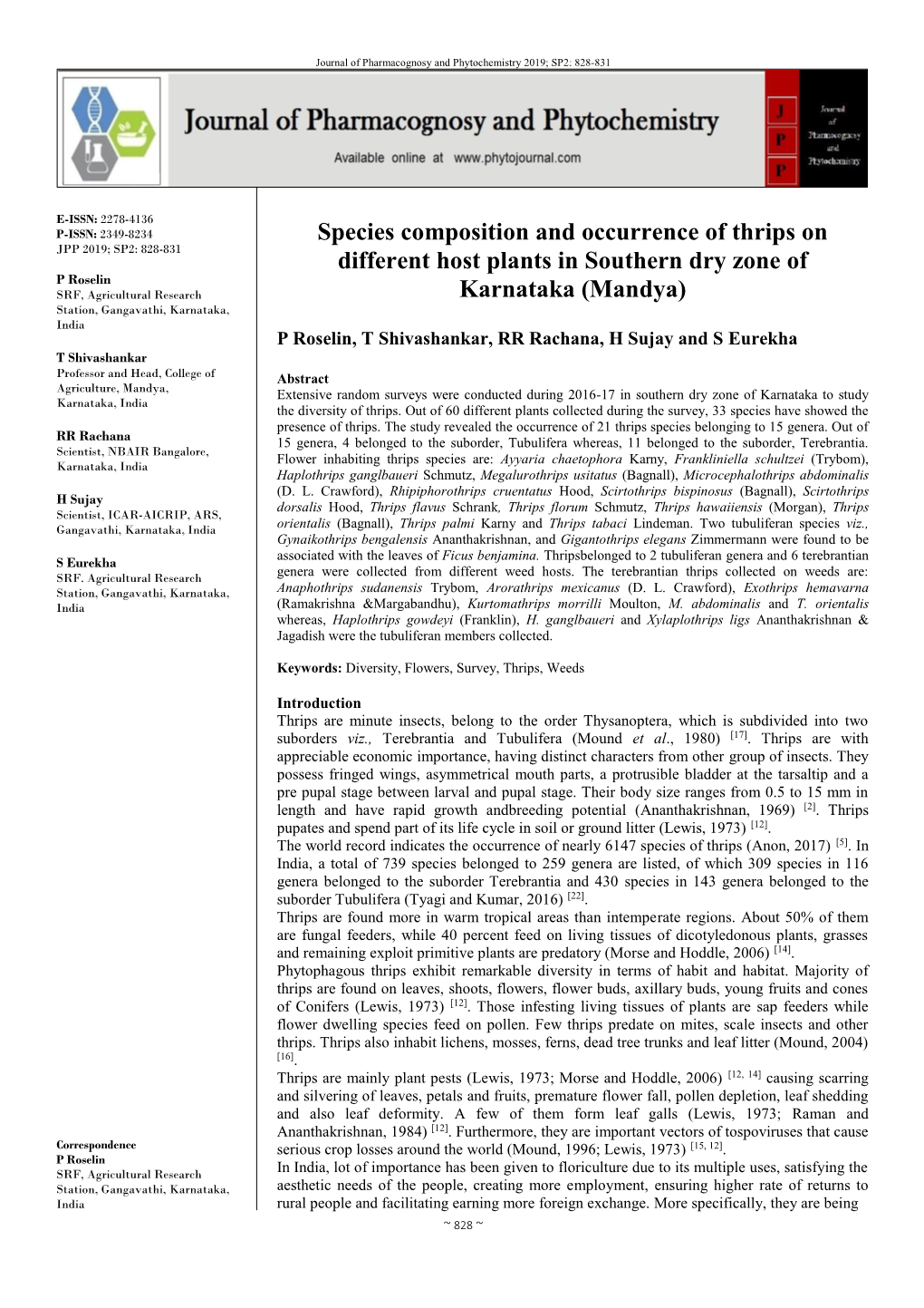 Species Composition and Occurrence of Thrips on Different Host Plants In