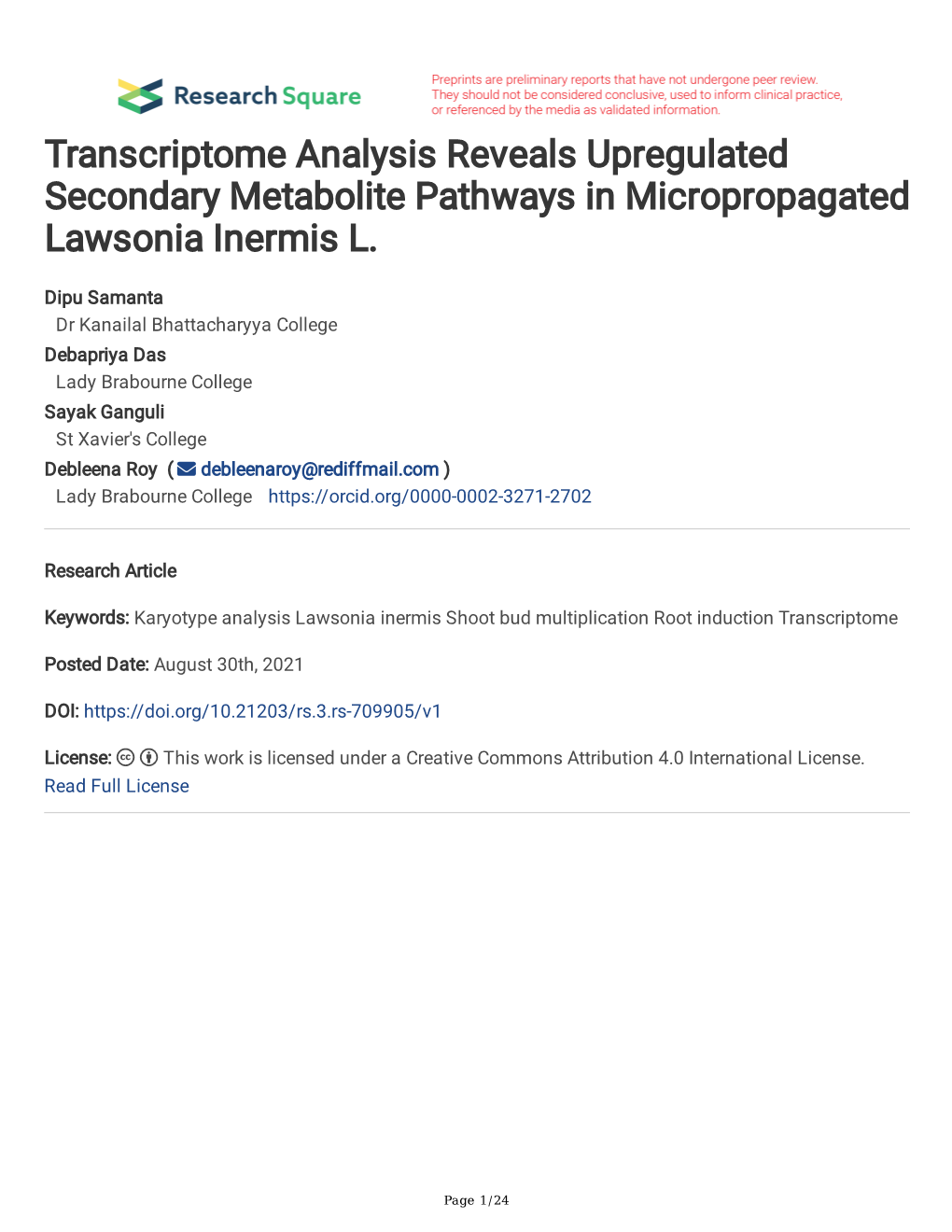 Transcriptome Analysis Reveals Upregulated Secondary Metabolite Pathways in Micropropagated Lawsonia Inermis L