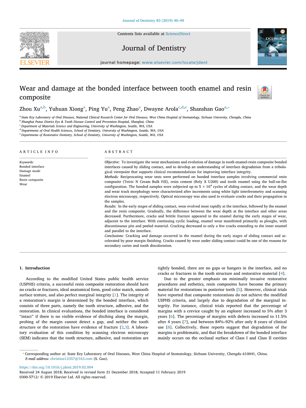 Wear and Damage at the Bonded Interface Between Tooth Enamel And