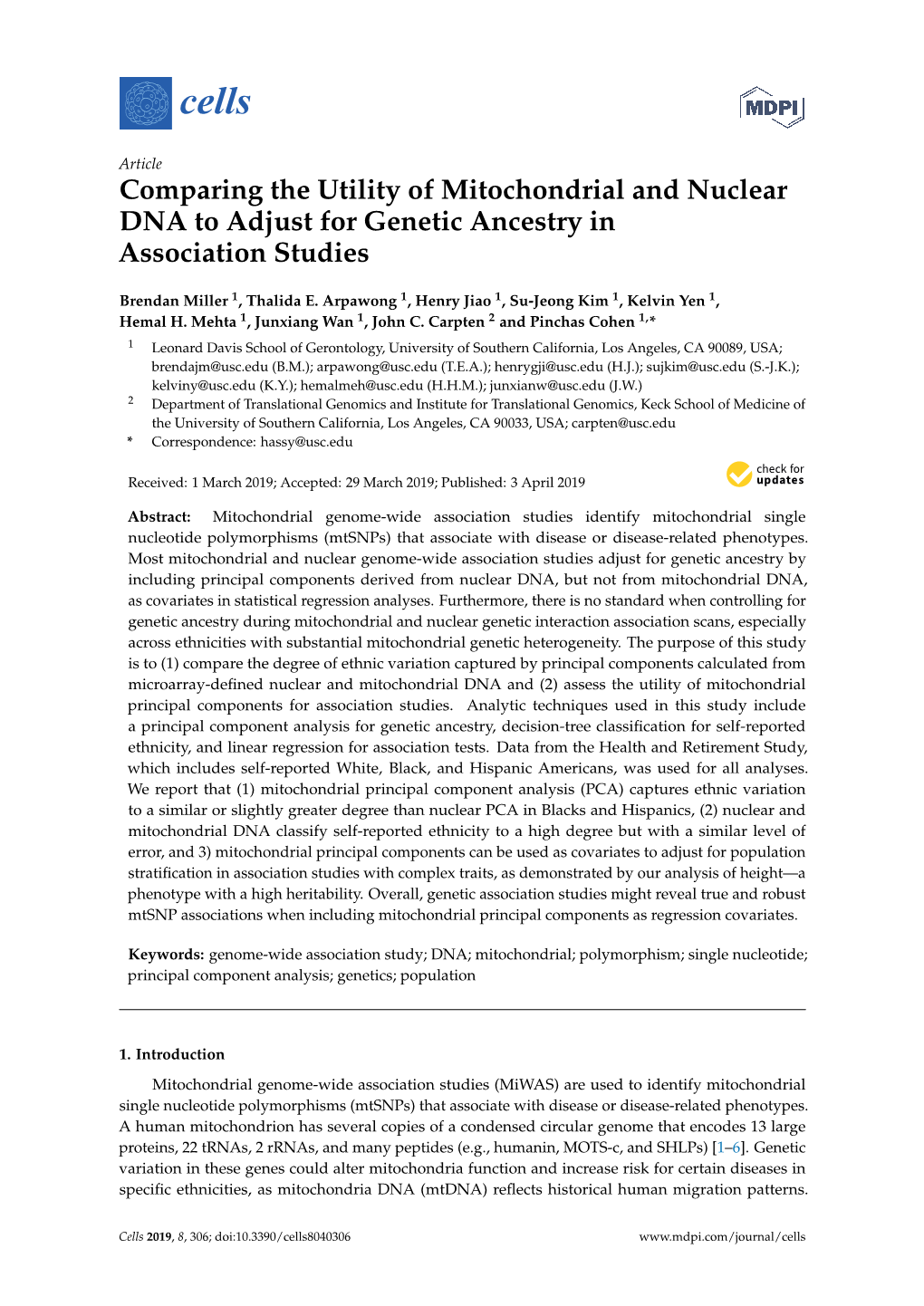 Comparing the Utility of Mitochondrial and Nuclear DNA to Adjust for Genetic Ancestry in Association Studies
