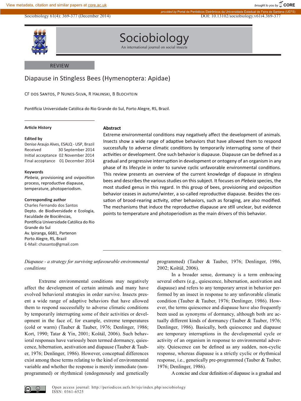 Sociobiology 61(4): 369-377 (December 2014) DOI: 10.13102/Sociobiology.V61i4.369-377