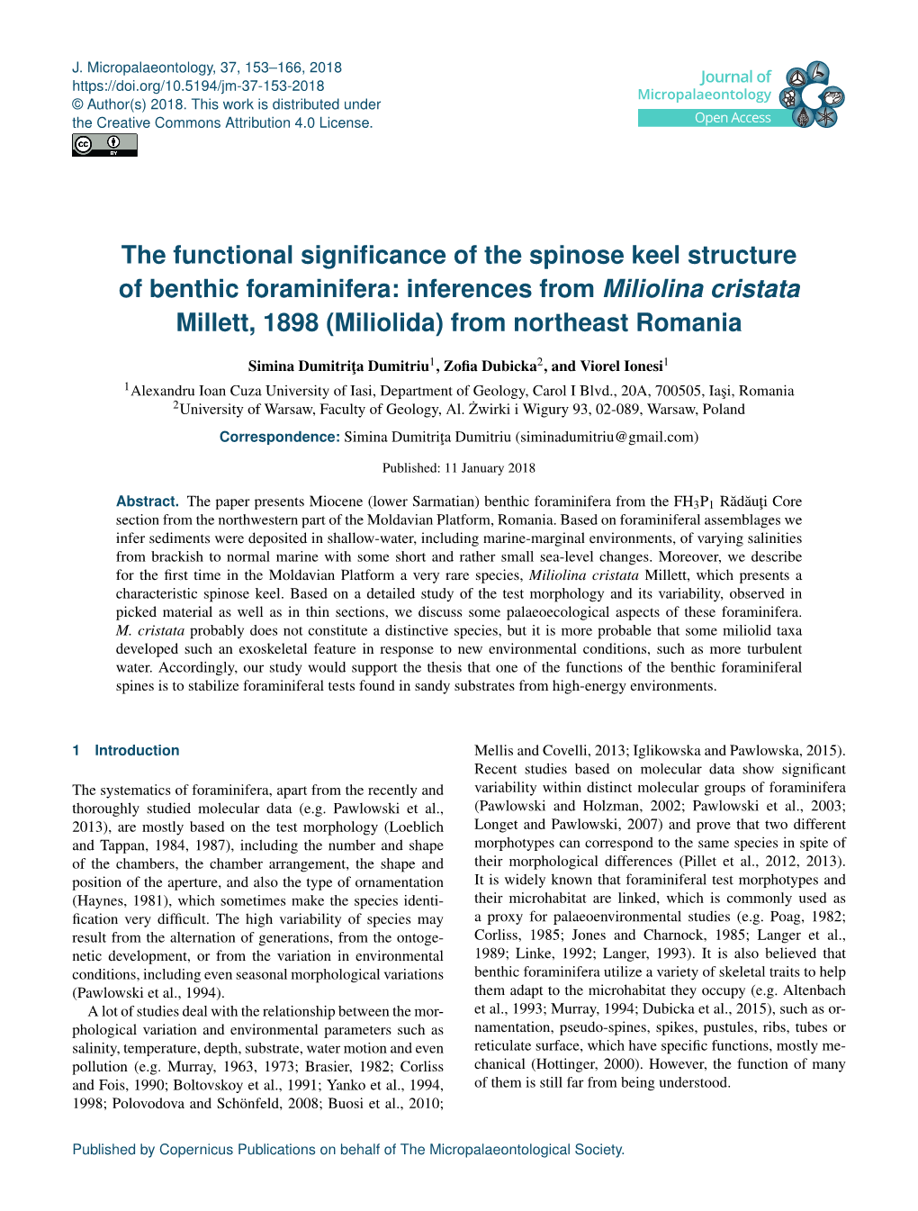 The Functional Significance of the Spinose Keel Structure of Benthic Foraminifera: Inferences from Miliolina Cristata Millett, 1