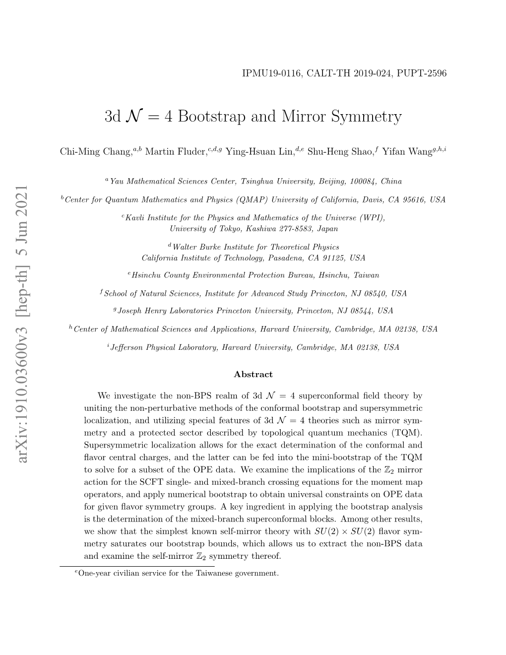 3D N = 4 Bootstrap and Mirror Symmetry Arxiv:1910.03600V3 [Hep