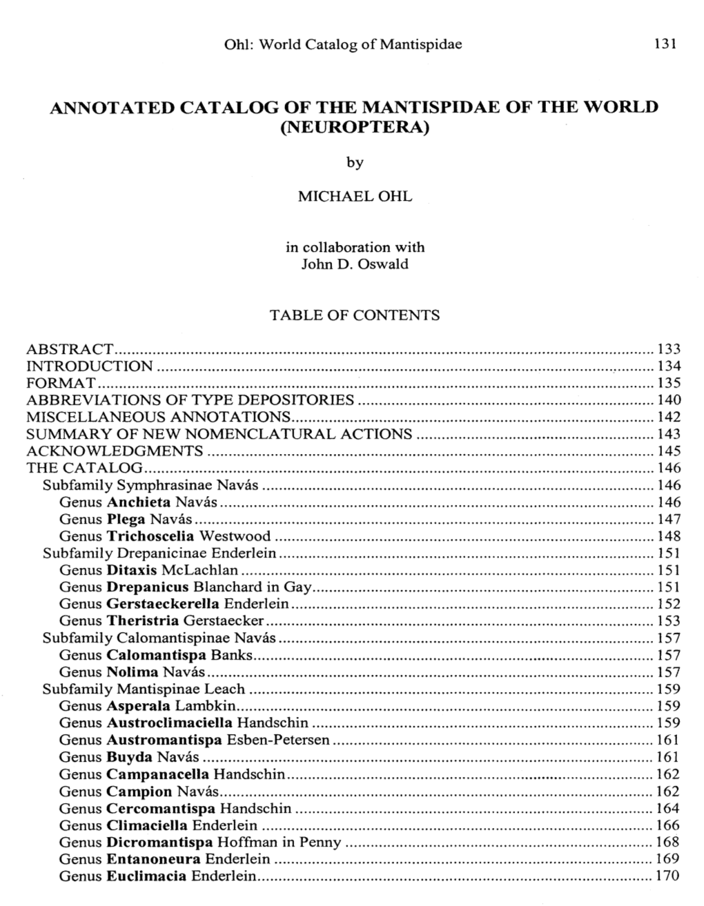 Annotated Catalog of the Mantispidae of the World (Neuroptera)