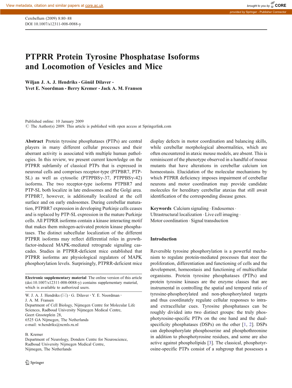 PTPRR Protein Tyrosine Phosphatase Isoforms and Locomotion of Vesicles and Mice