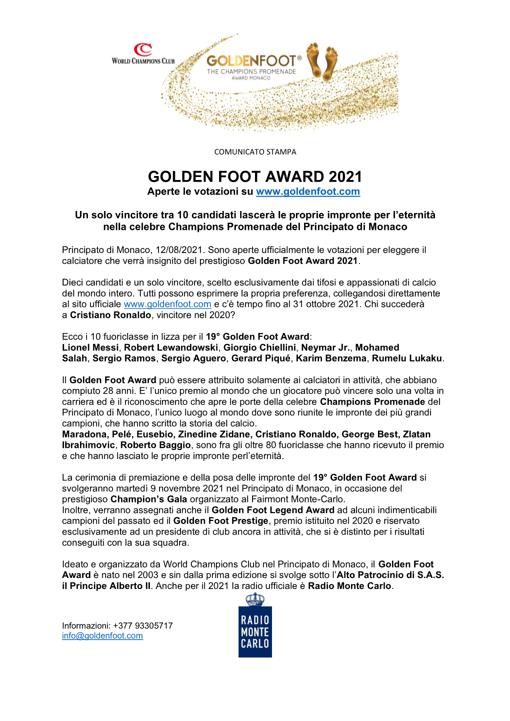 CS1. Votazioni Aperte Golden Foot Award 2021
