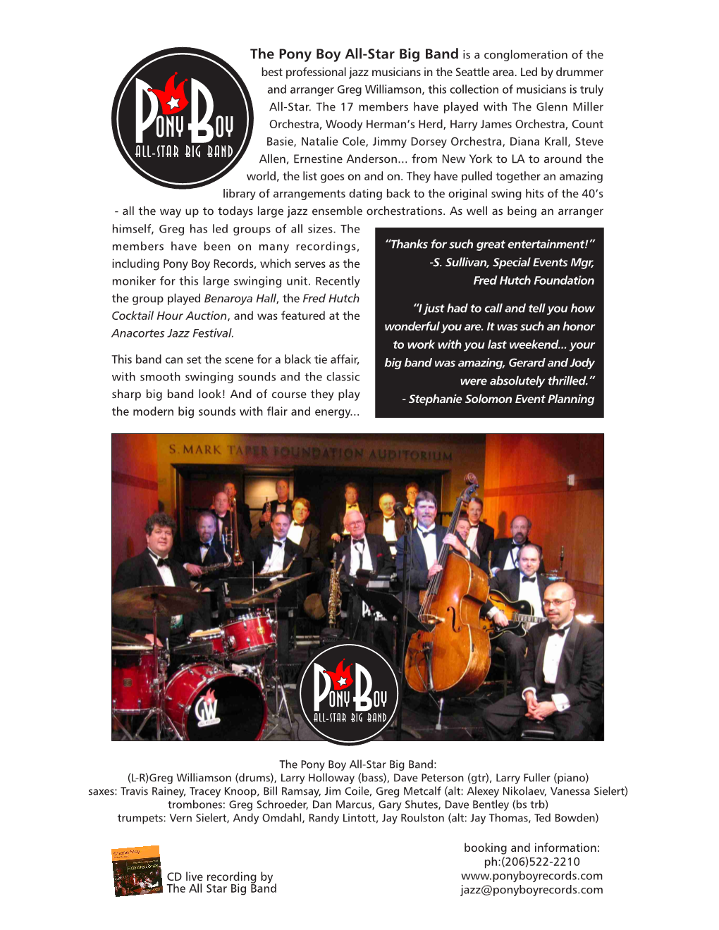 The Pony Boy All-Star Big Band Is a Conglomeration of the Best Professional Jazz Musicians in the Seattle Area