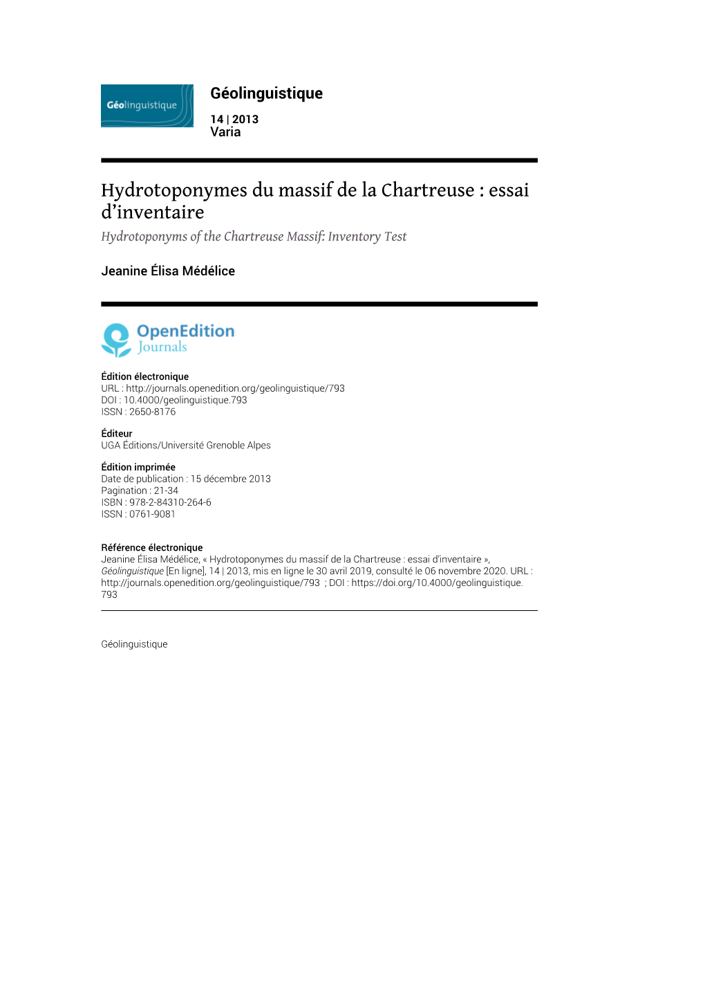 Hydrotoponymes Du Massif De La Chartreuse : Essai D'inventaire1
