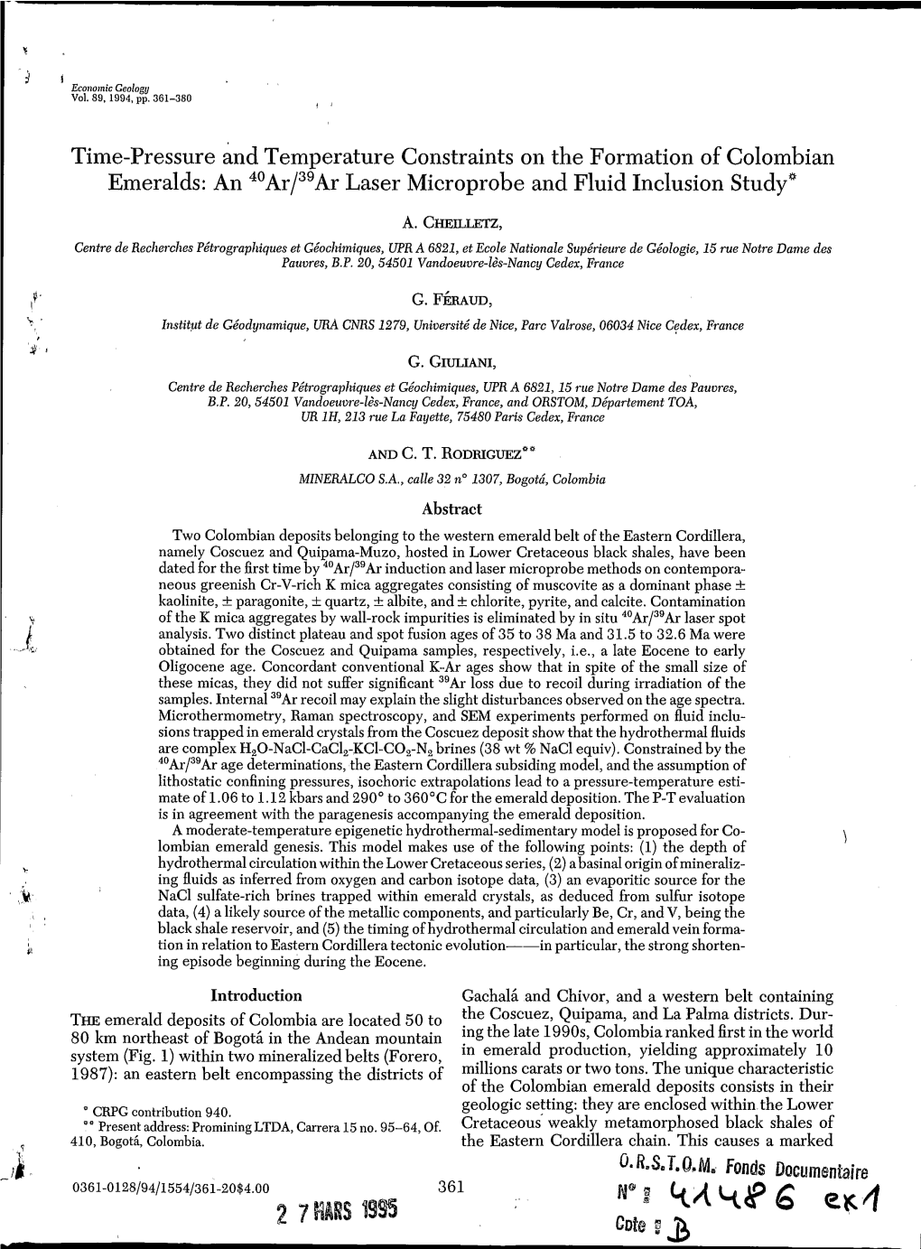 Time-Pressure and Temperature Constraints on the Formation of Colombian Emeralds: an 4Oar/39Arlaser Microprobe and Fluid Inclusion Study"