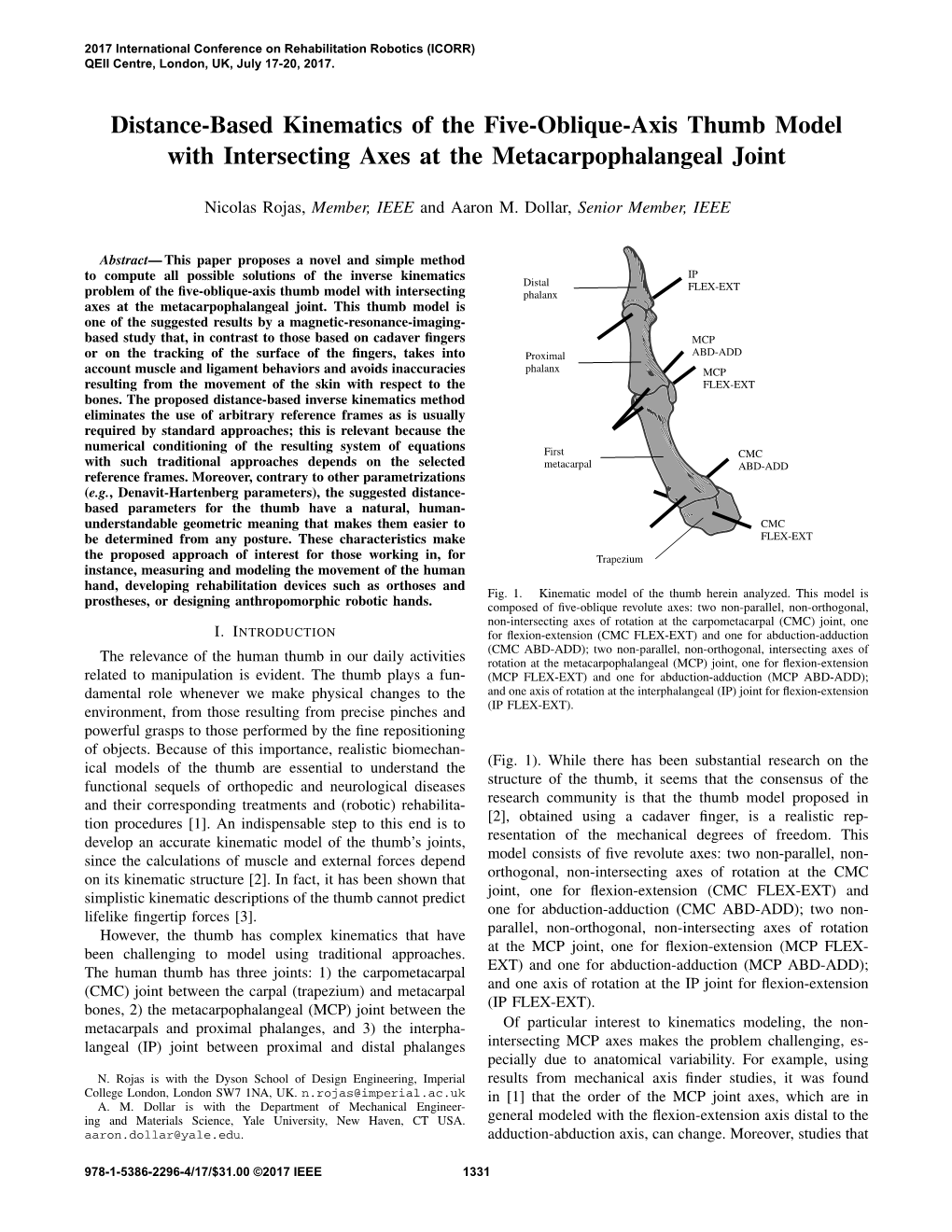 Distance-Based Kinematics of the Five-Oblique-Axis Thumb Model with Intersecting Axes at the Metacarpophalangeal Joint