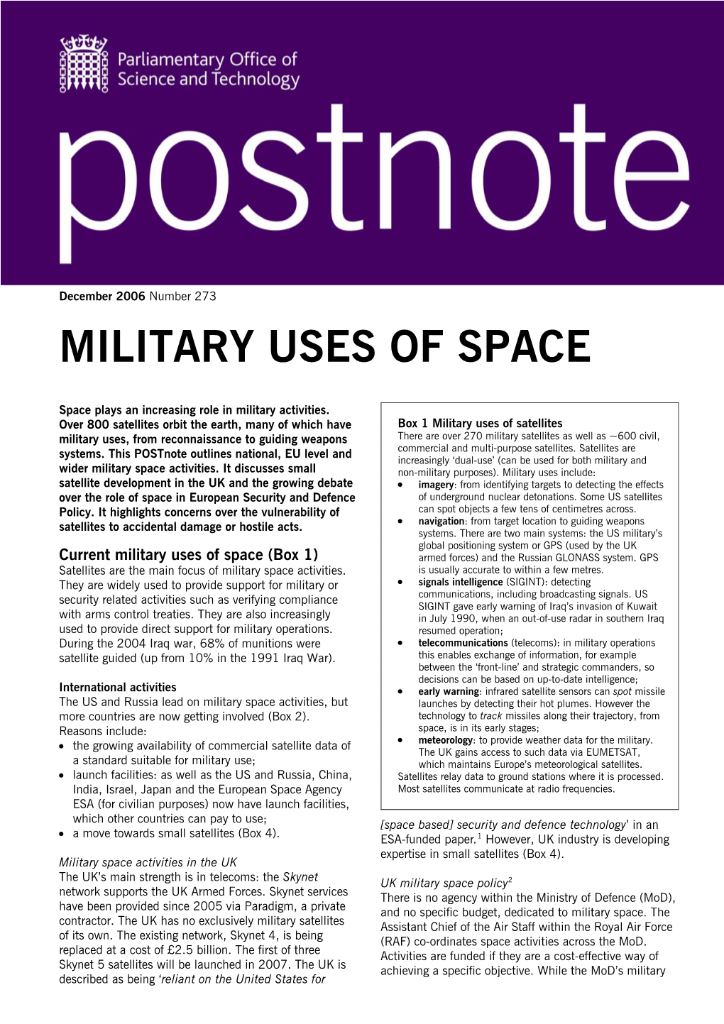 Military Uses of Space