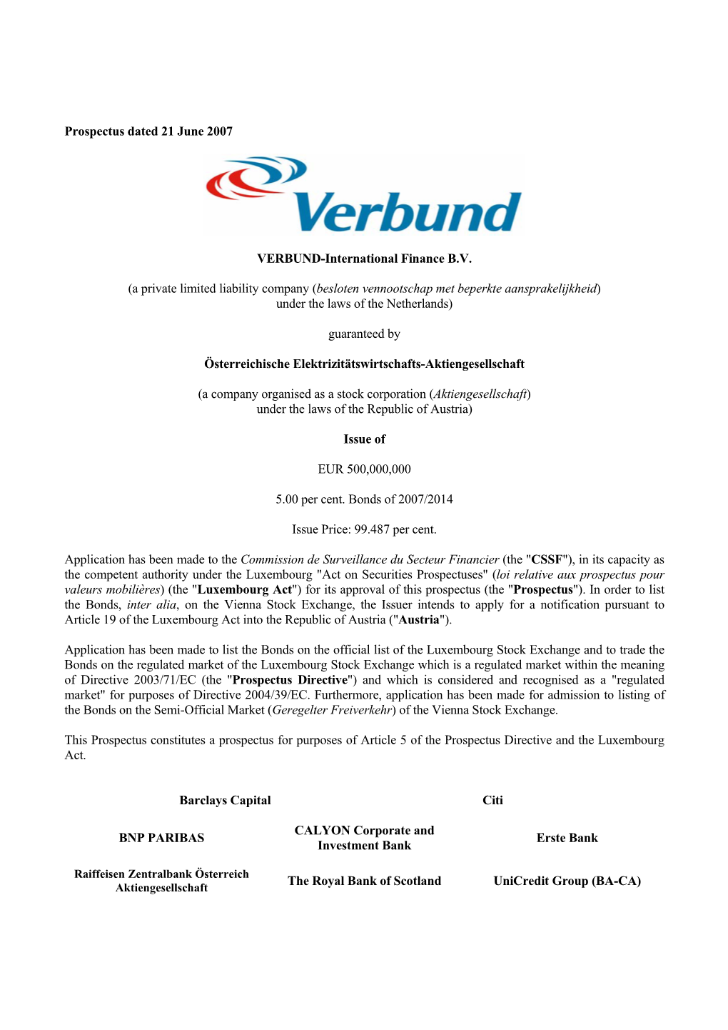 Prospectus Dated 21 June 2007 VERBUND-International Finance BV