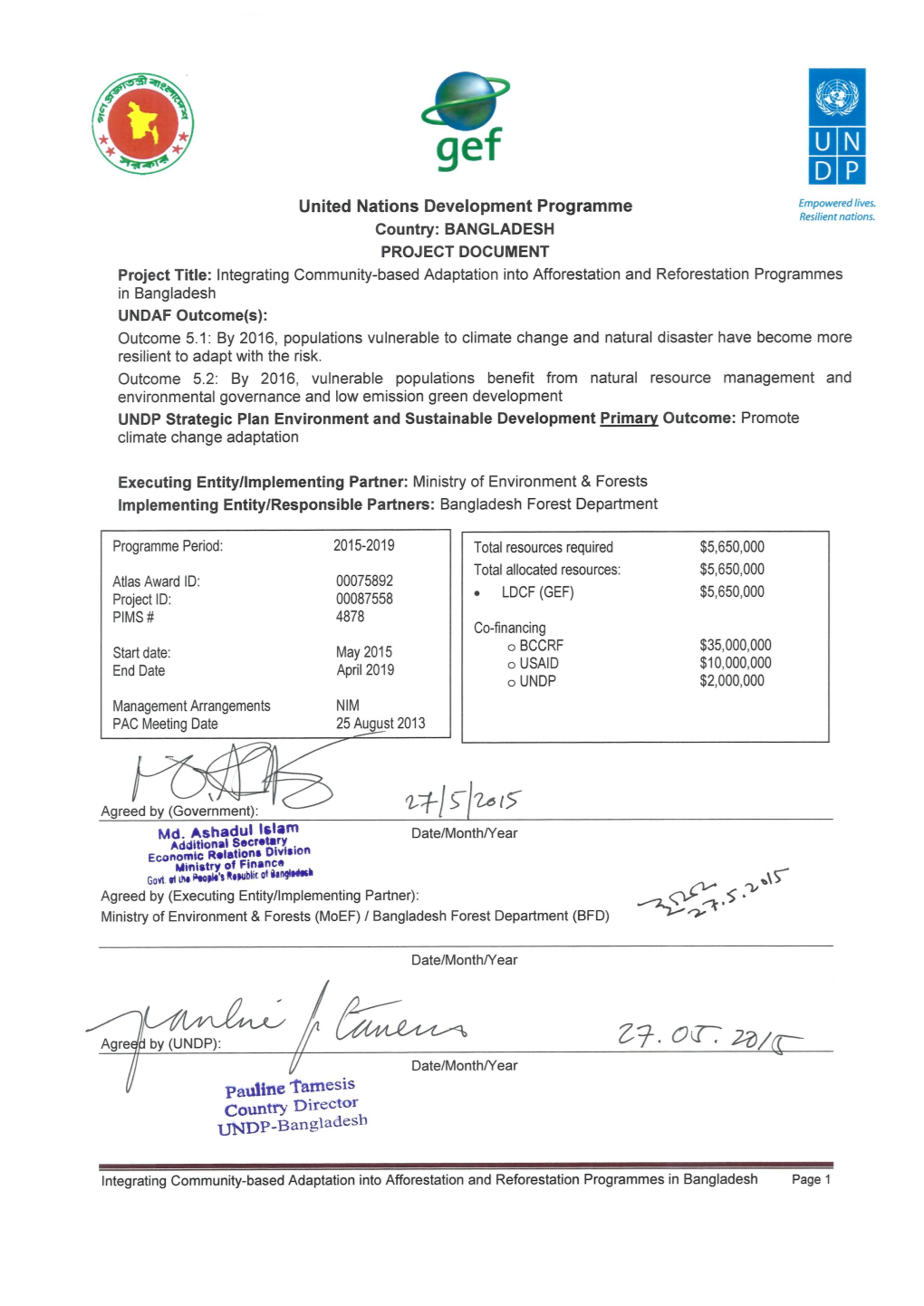 Signed Project Document GEF-LDCFII Afforestation An