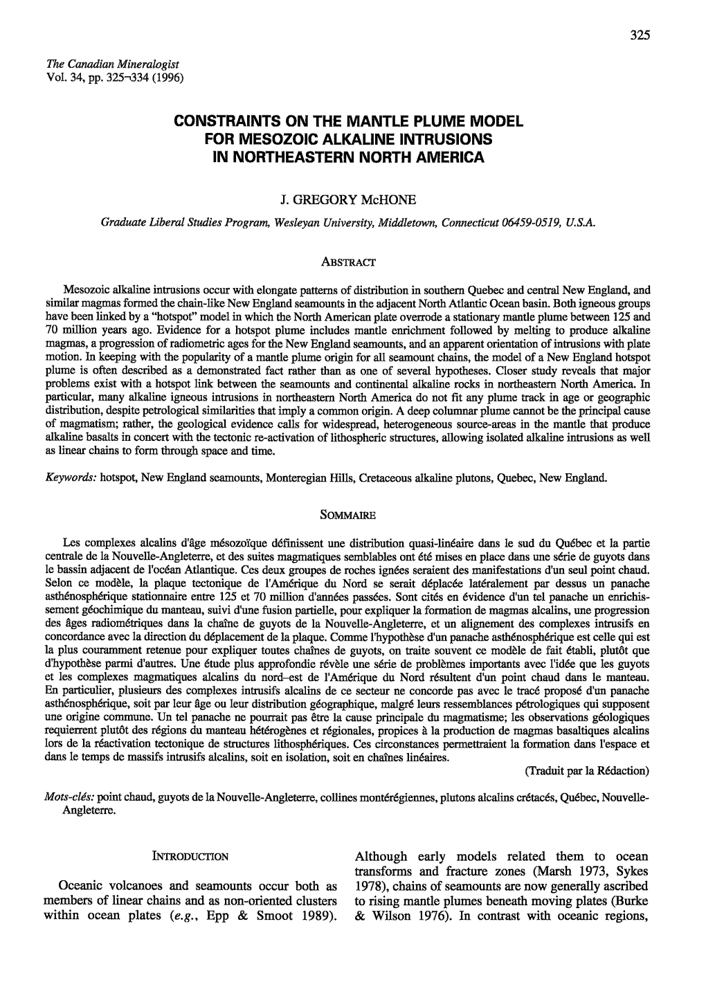 Constraints on the Mantle Plume Model for Mesozoic Alkaline Intrusions in Northeastern North America