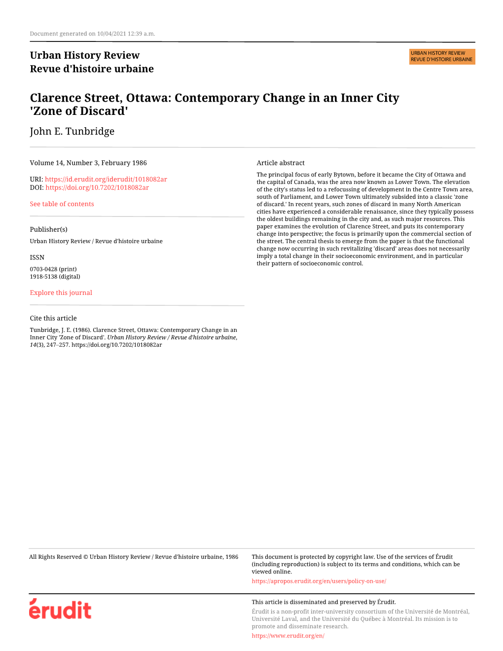 Clarence Street, Ottawa: Contemporary Change in an Inner City 'Zone of Discard' John E