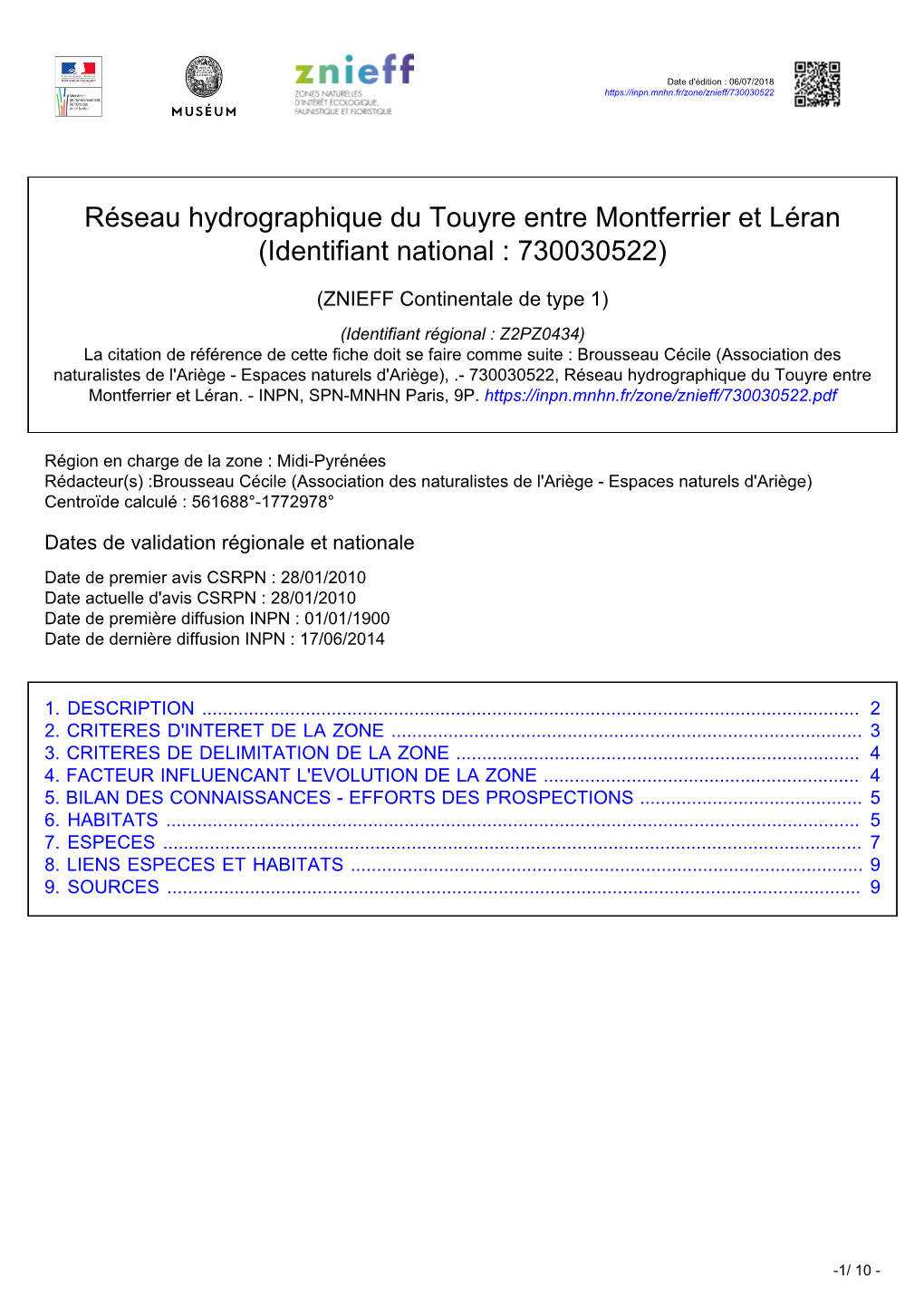 Réseau Hydrographique Du Touyre Entre Montferrier Et Léran (Identifiant National : 730030522)