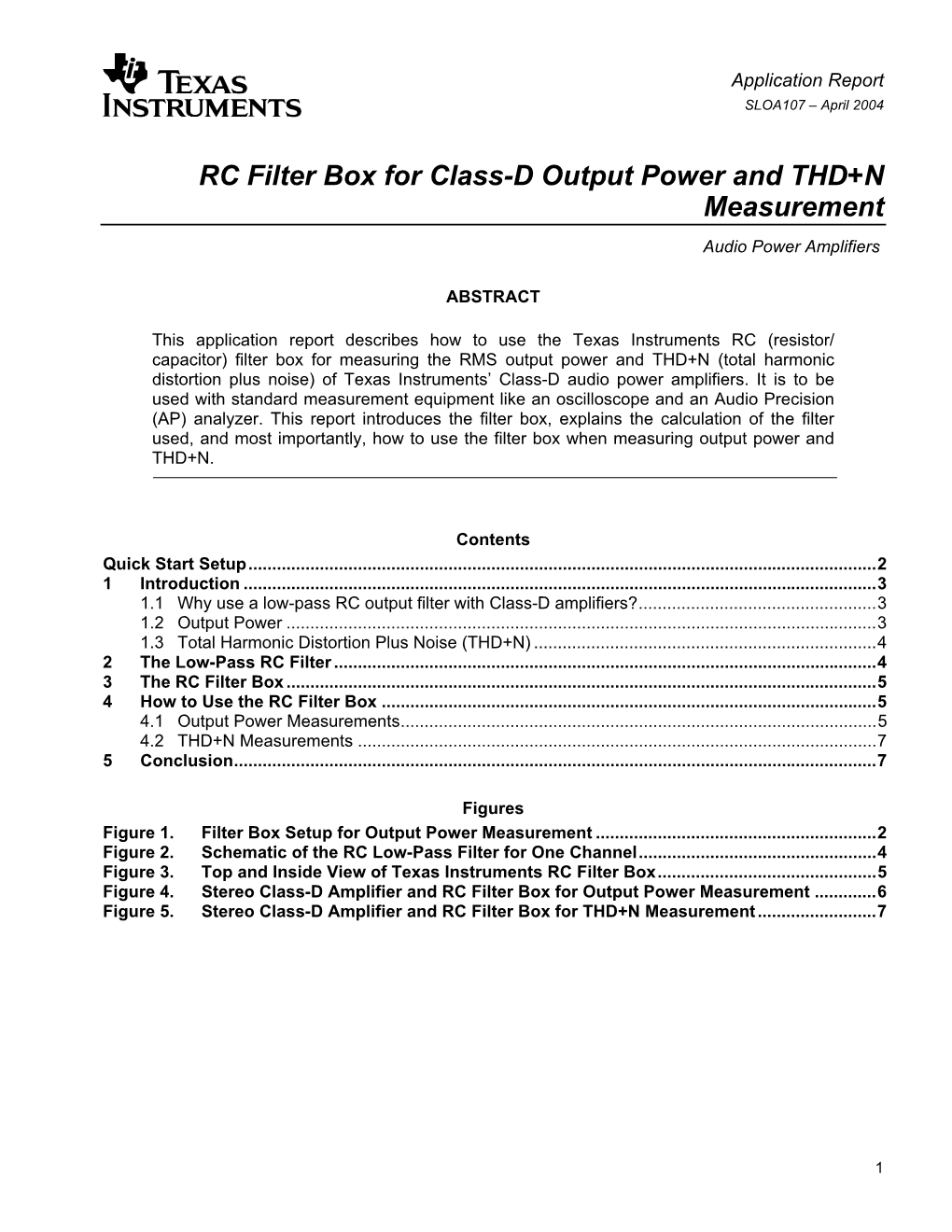 RC Filter Box for Class-D Output Power and THD+N Measurement