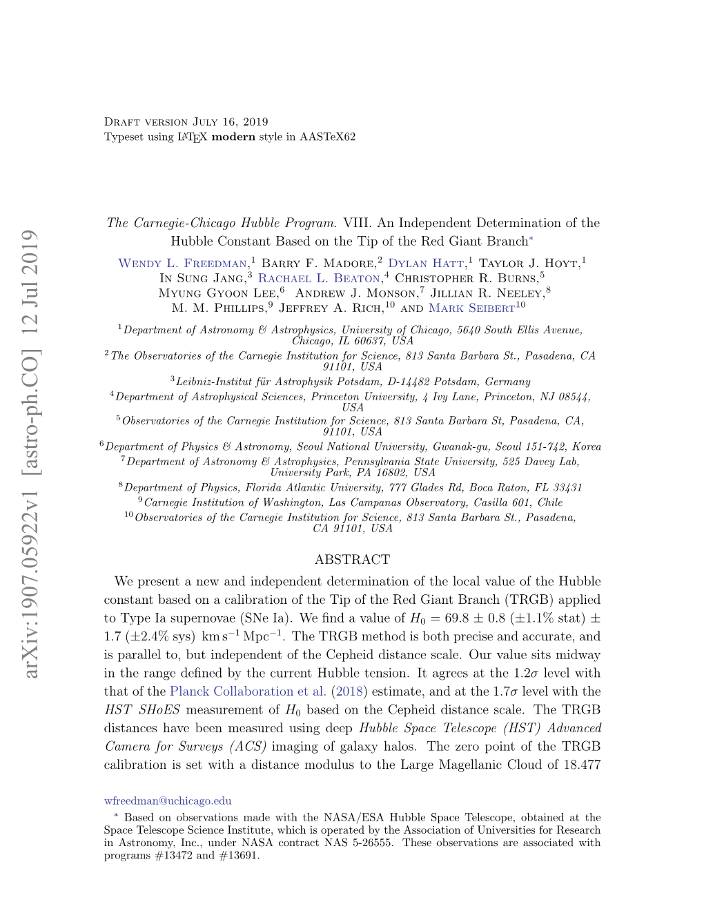 The Carnegie-Chicago Hubble Program. VIII. an Independent Determination of the Hubble Constant Based on the Tip of the Red Giant Branch∗ Wendy L