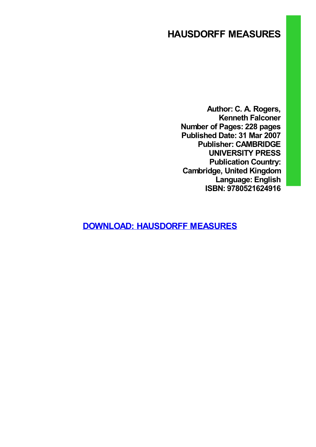 Hausdorff Measures Download Free