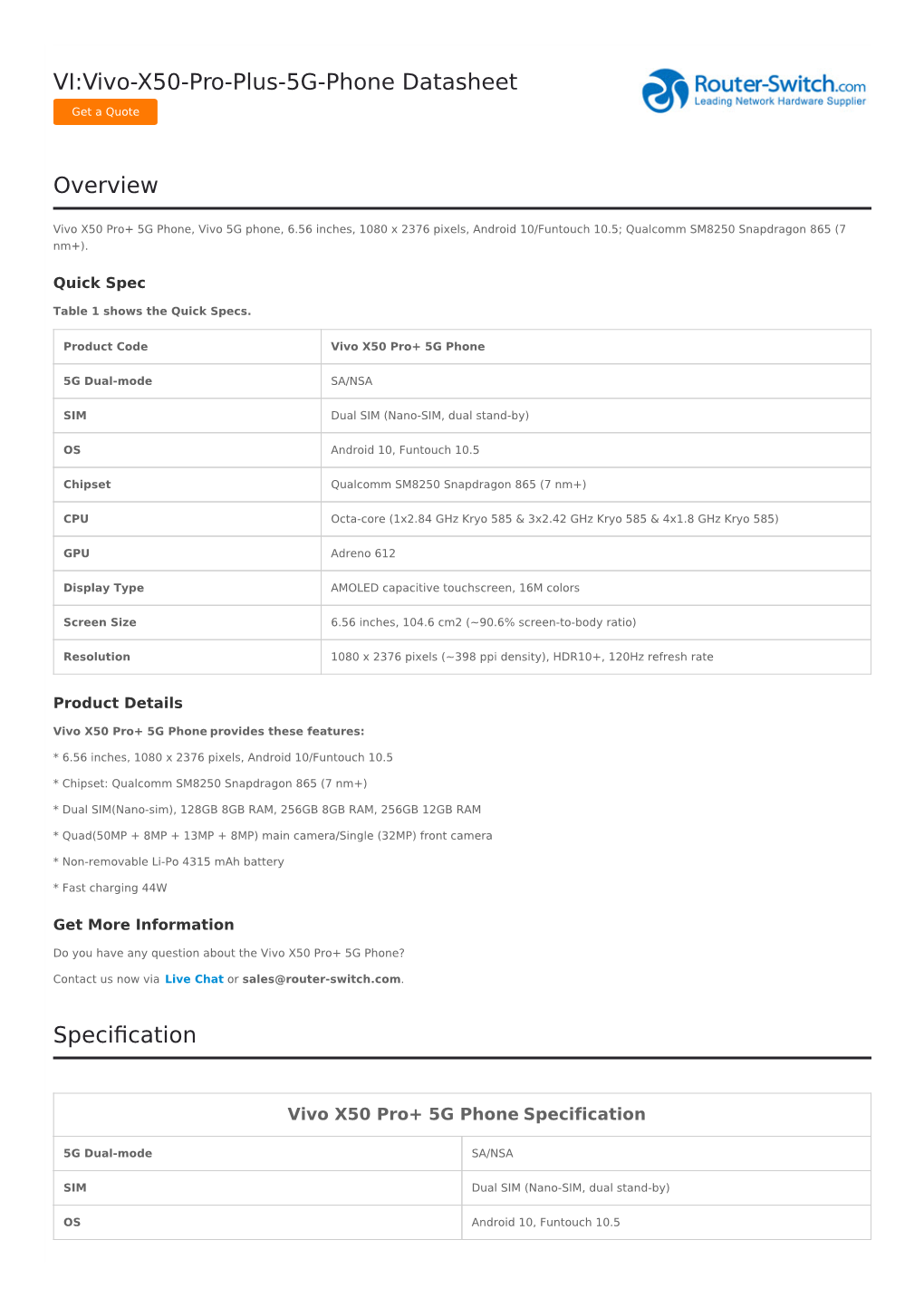 VI:Vivo-X50-Pro-Plus-5G-Phone Datasheet Overview Specification