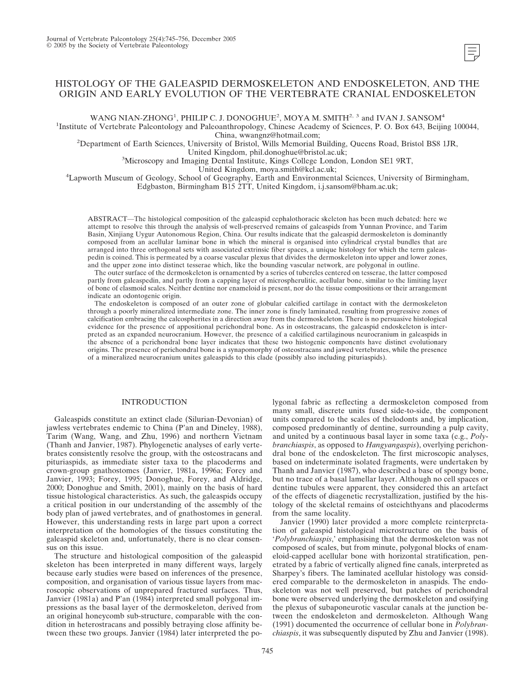 Histology of the Galeaspid Dermoskeleton and Endoskeleton, and the Origin and Early Evolution of the Vertebrate Cranial Endoskeleton