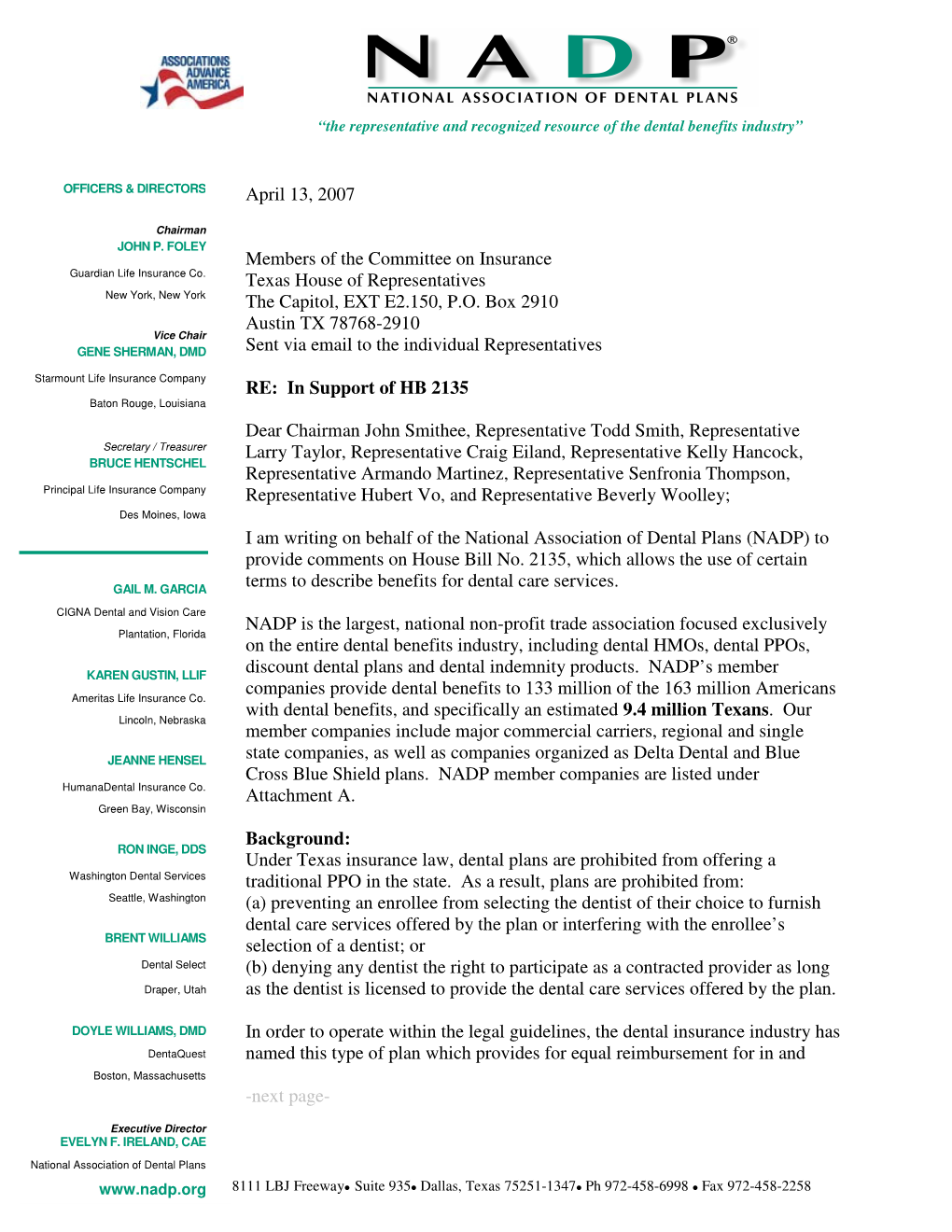 April 13, 2007 Members of the Committee on Insurance Texas