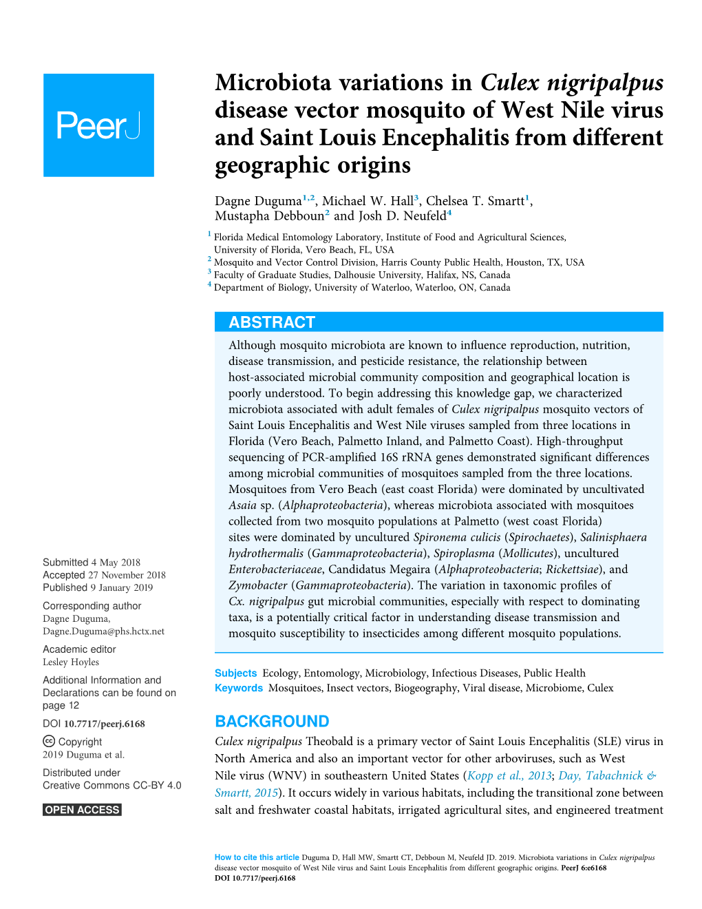Microbiota Variations in Culex Nigripalpus Disease Vector Mosquito of West Nile Virus and Saint Louis Encephalitis from Different Geographic Origins