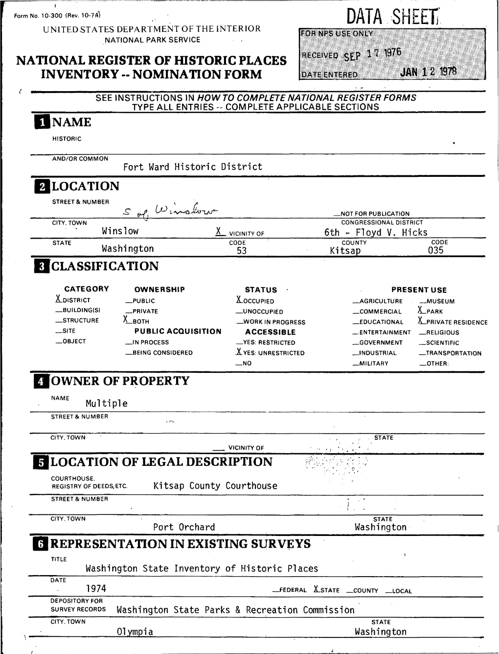 Data .Sheet, United States Department of the Interior National Park Service National Register of Historic Places Inventory -- Nomination Form