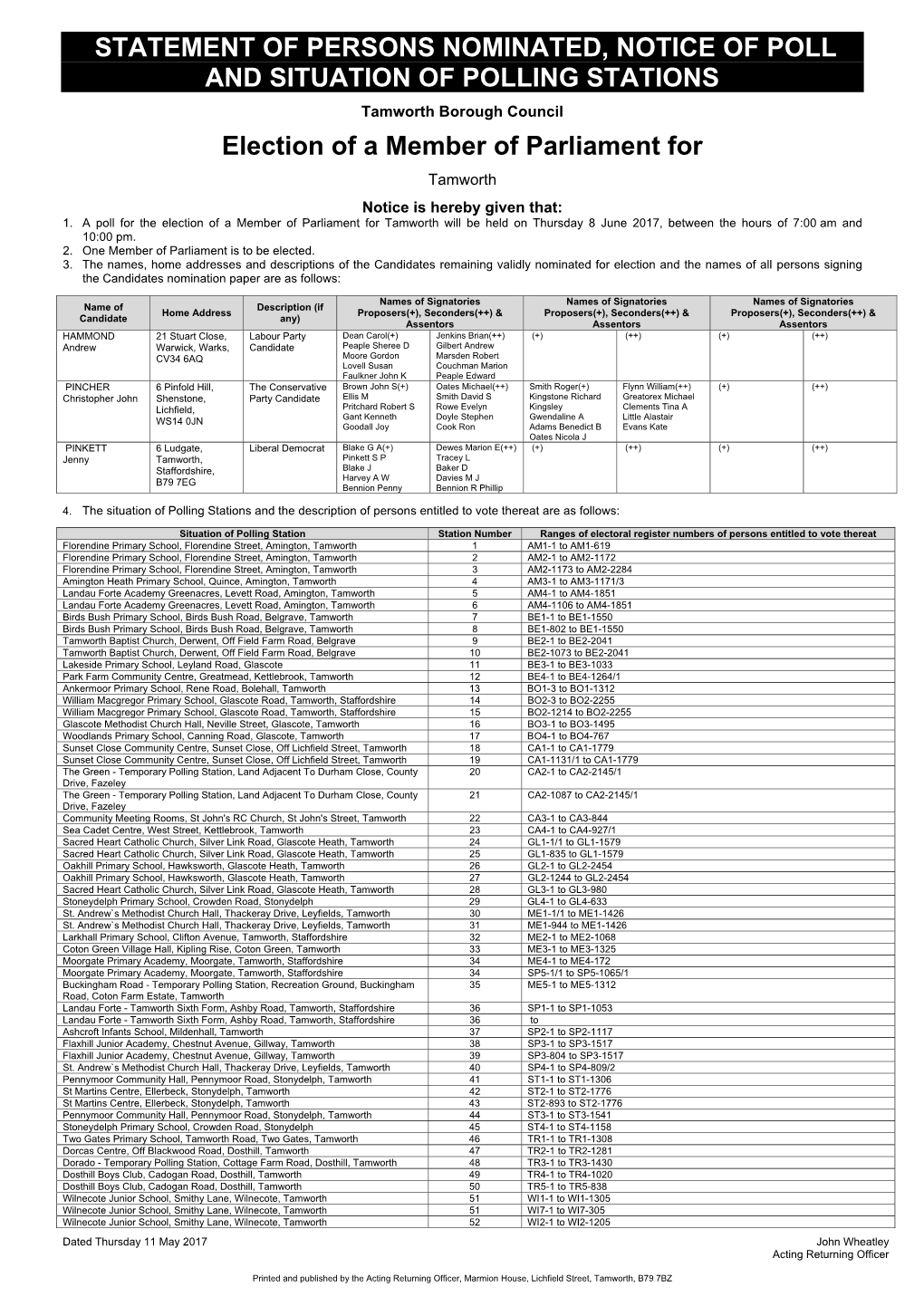 Statement of Persons Nominated, Notice of Poll and Situation of Polling Stations