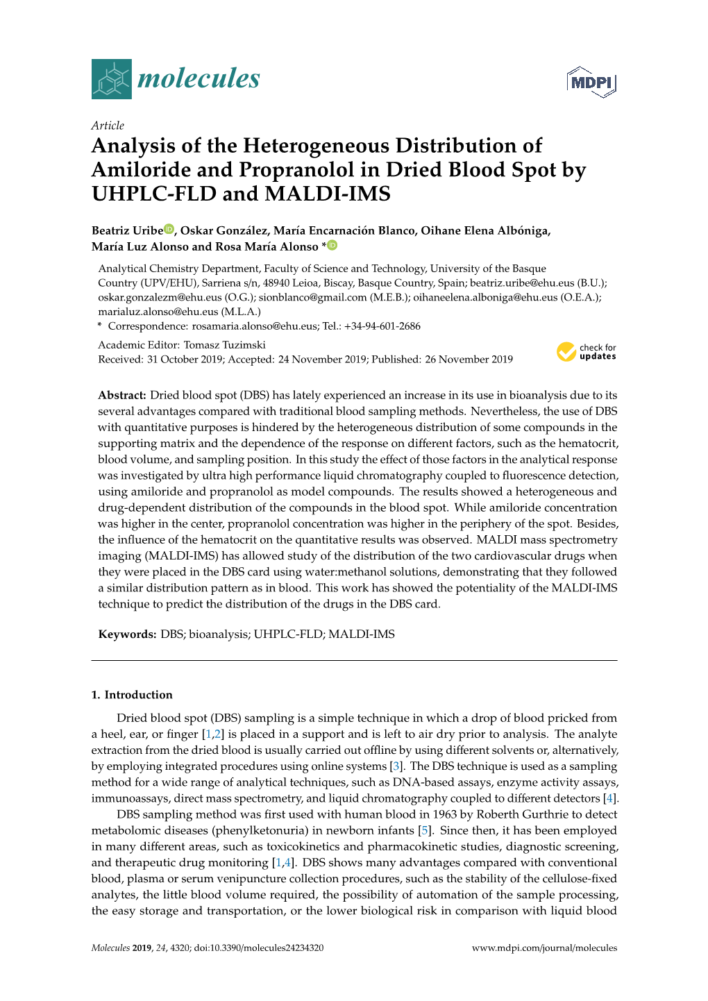 Analysis of the Heterogeneous Distribution of Amiloride and Propranolol in Dried Blood Spot by UHPLC-FLD and MALDI-IMS