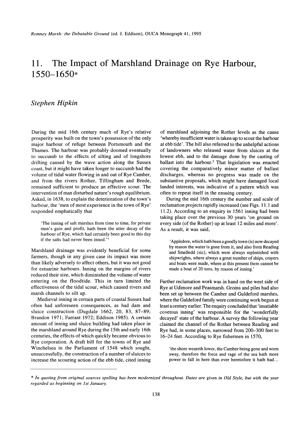 11. the Impact of Marshland Drainage on Rye Harbour, 1550-1650*